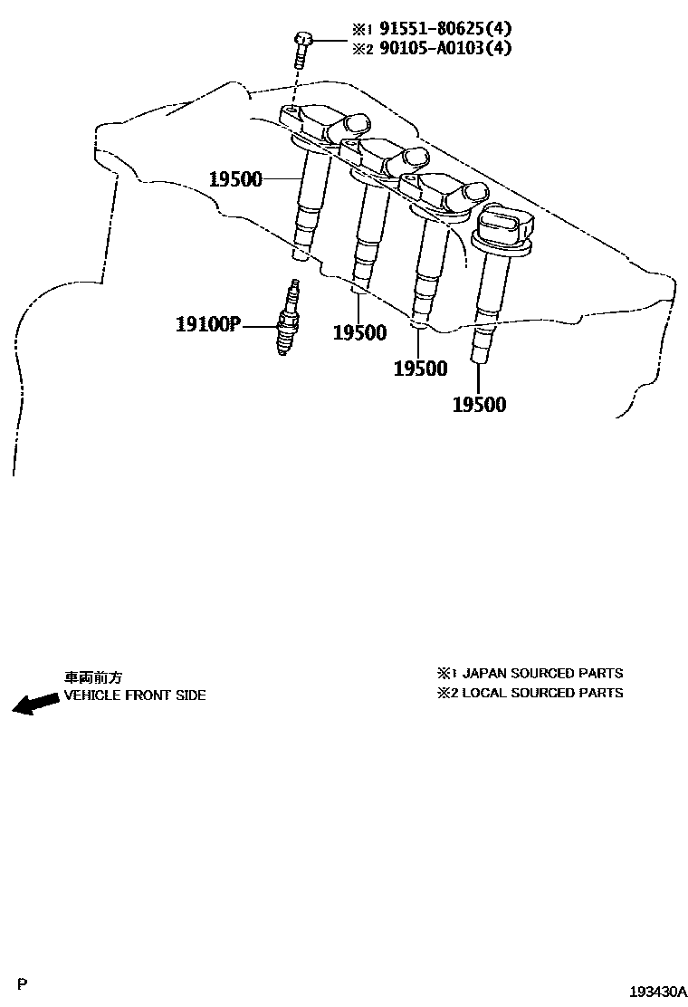 Toyota COROLLA 点火线圈和火花塞 EPC diagram — 193430A