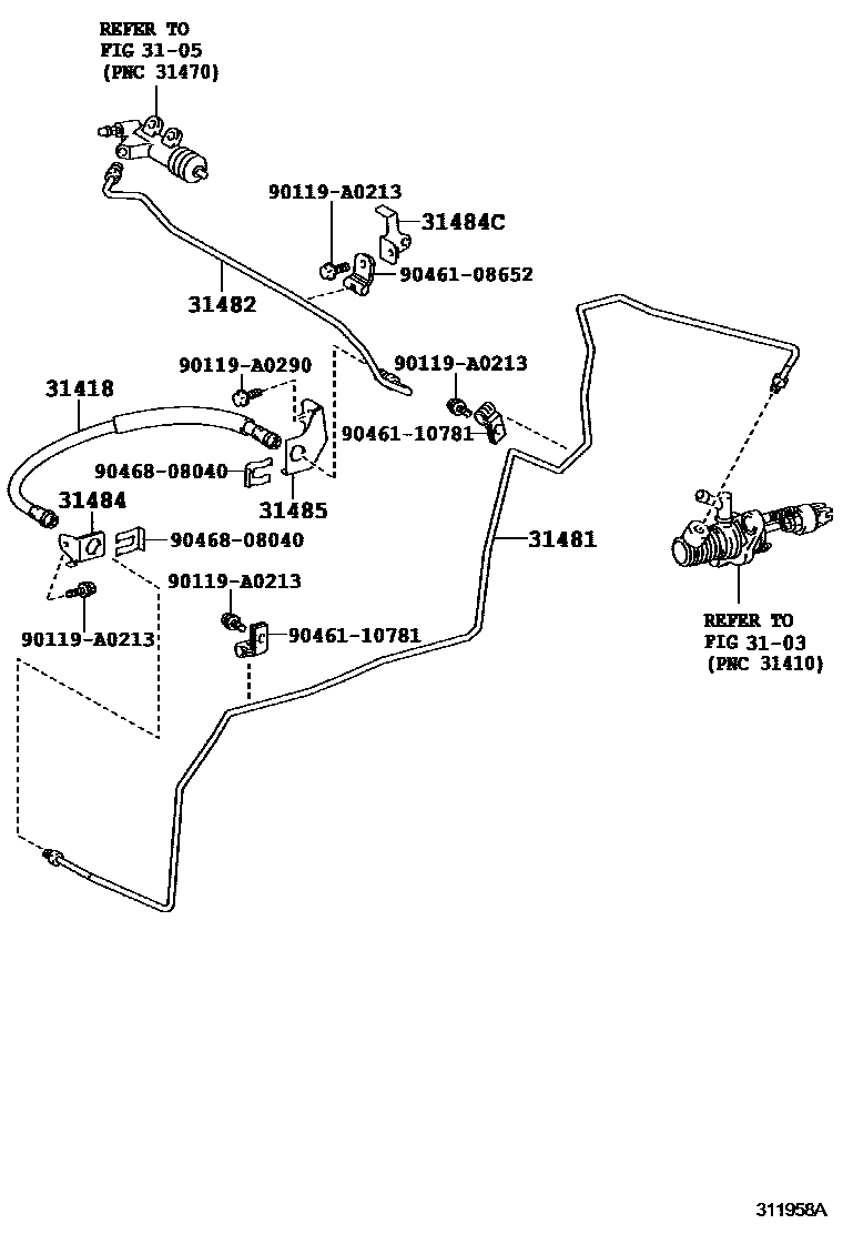 Toyota COROLLA 离合器踏板和挠性软管 EPC diagram — 311958A