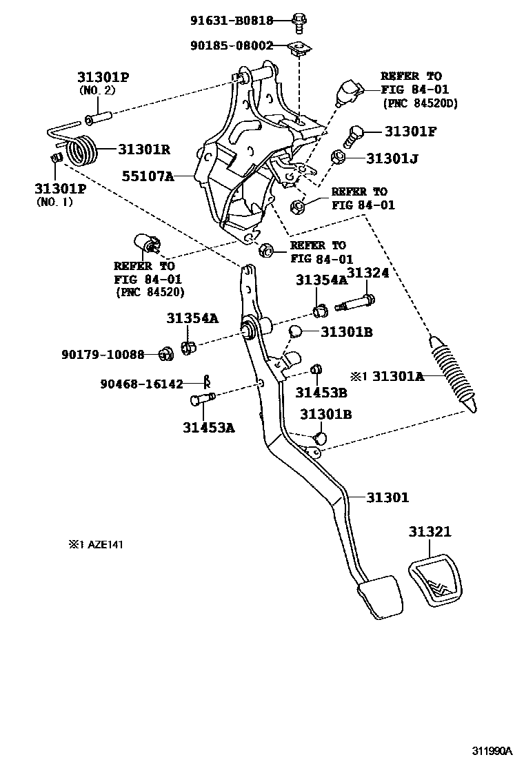 Toyota COROLLA 离合器踏板和挠性软管 EPC diagram — 311990A