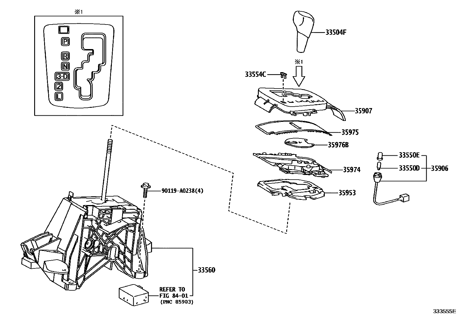 Toyota COROLLA Shift Lever & Retainer EPC diagram — 333555E