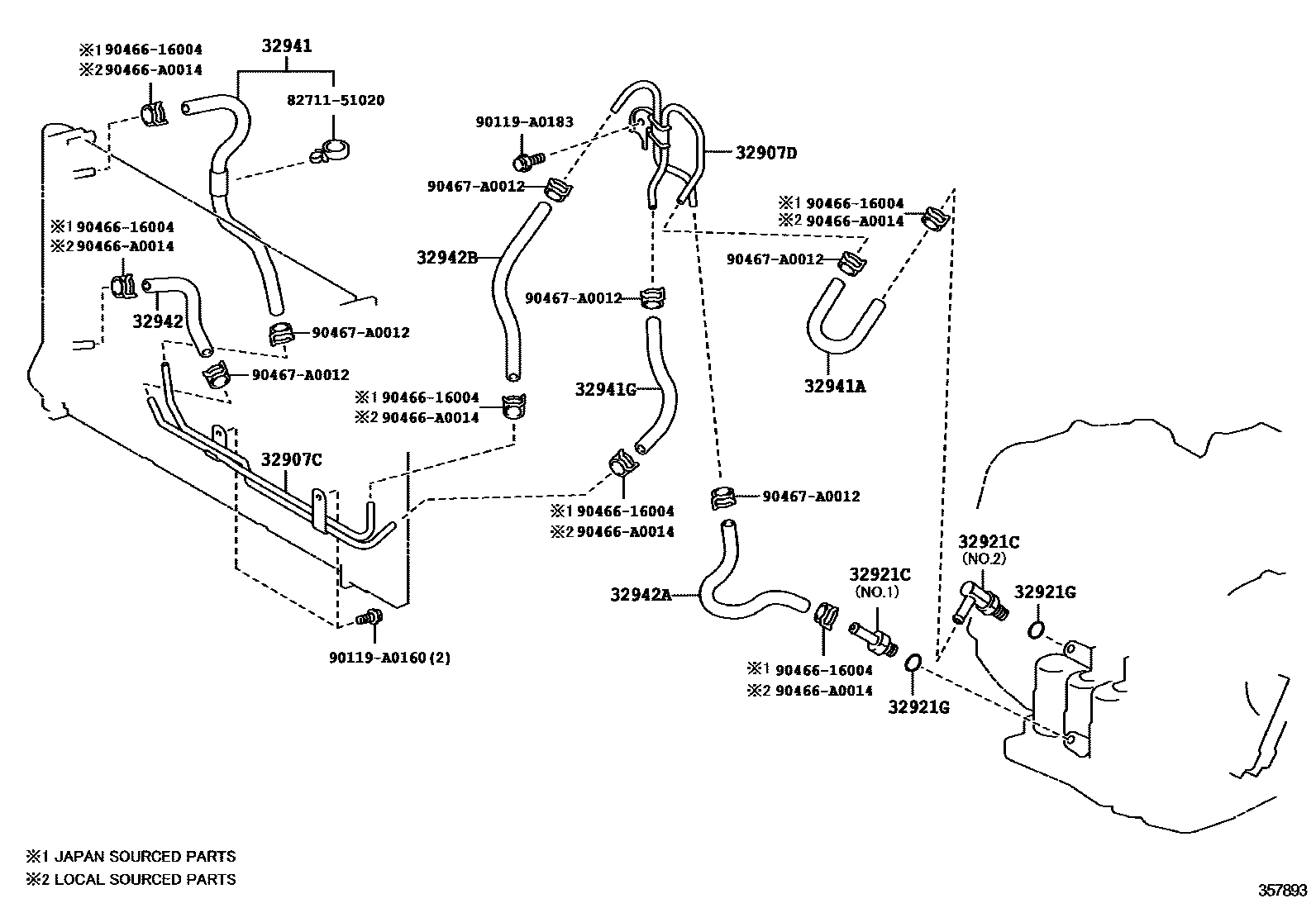 Toyota COROLLA 变速器油冷却器和配管(ATM) EPC diagram — 357893