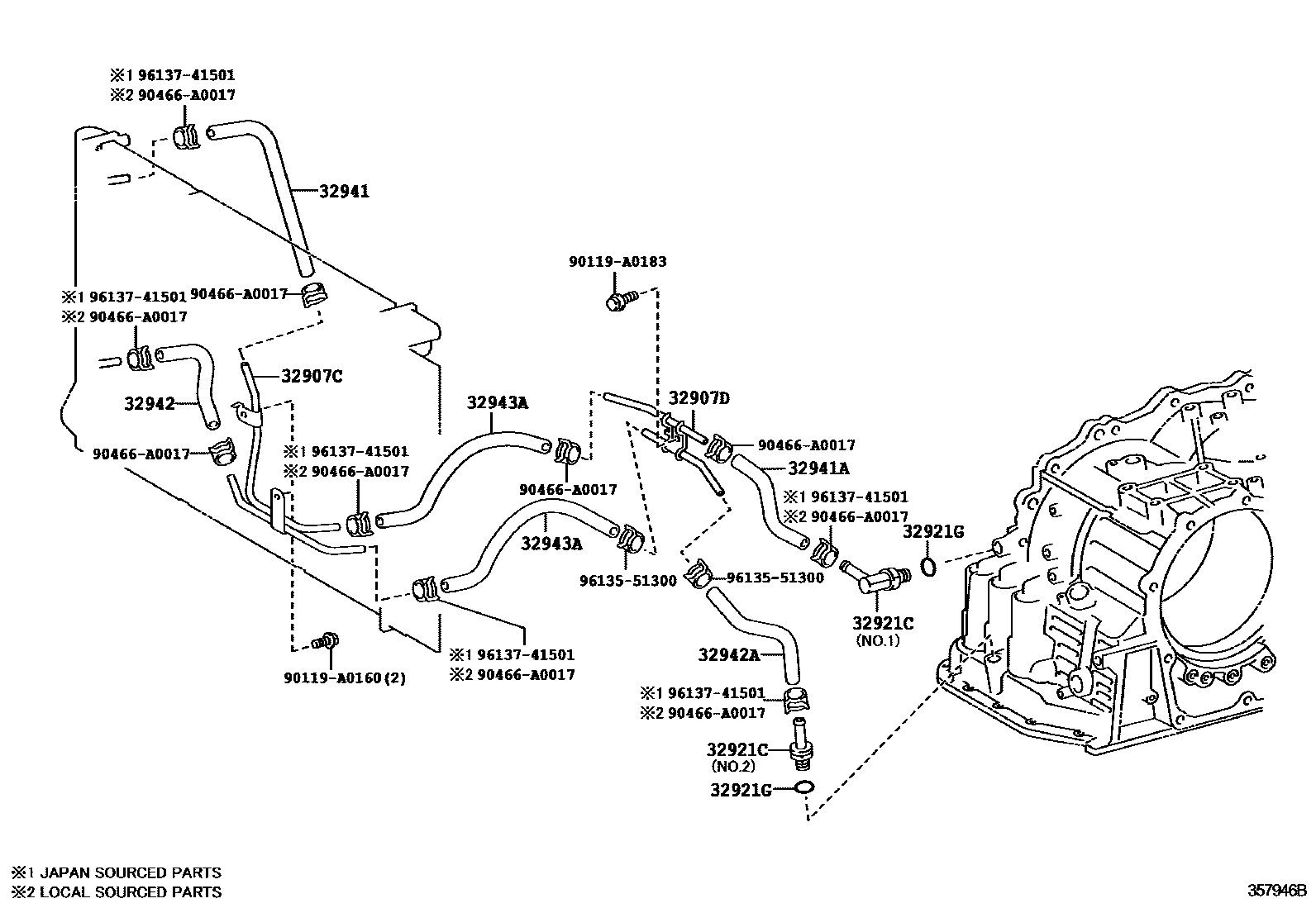Toyota COROLLA 变速器油冷却器和配管(ATM) EPC diagram — 357946B