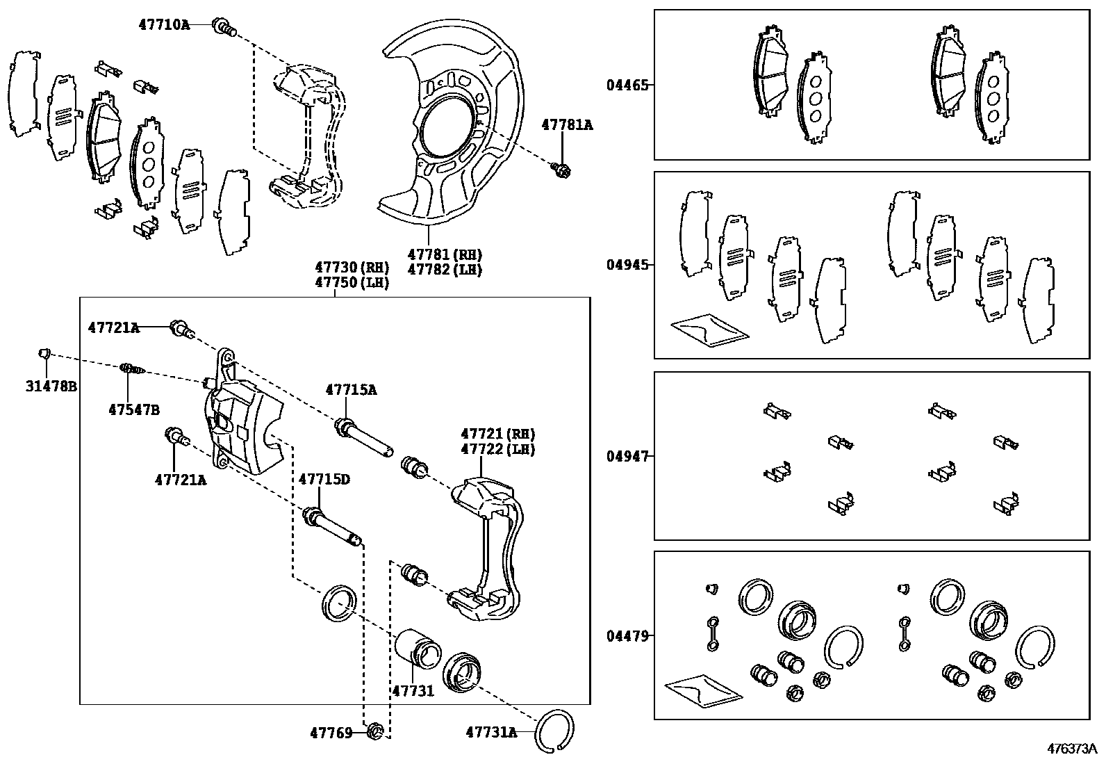 Toyota COROLLA 前盘式制动器卡钳和防尘罩 EPC diagram — 476373A