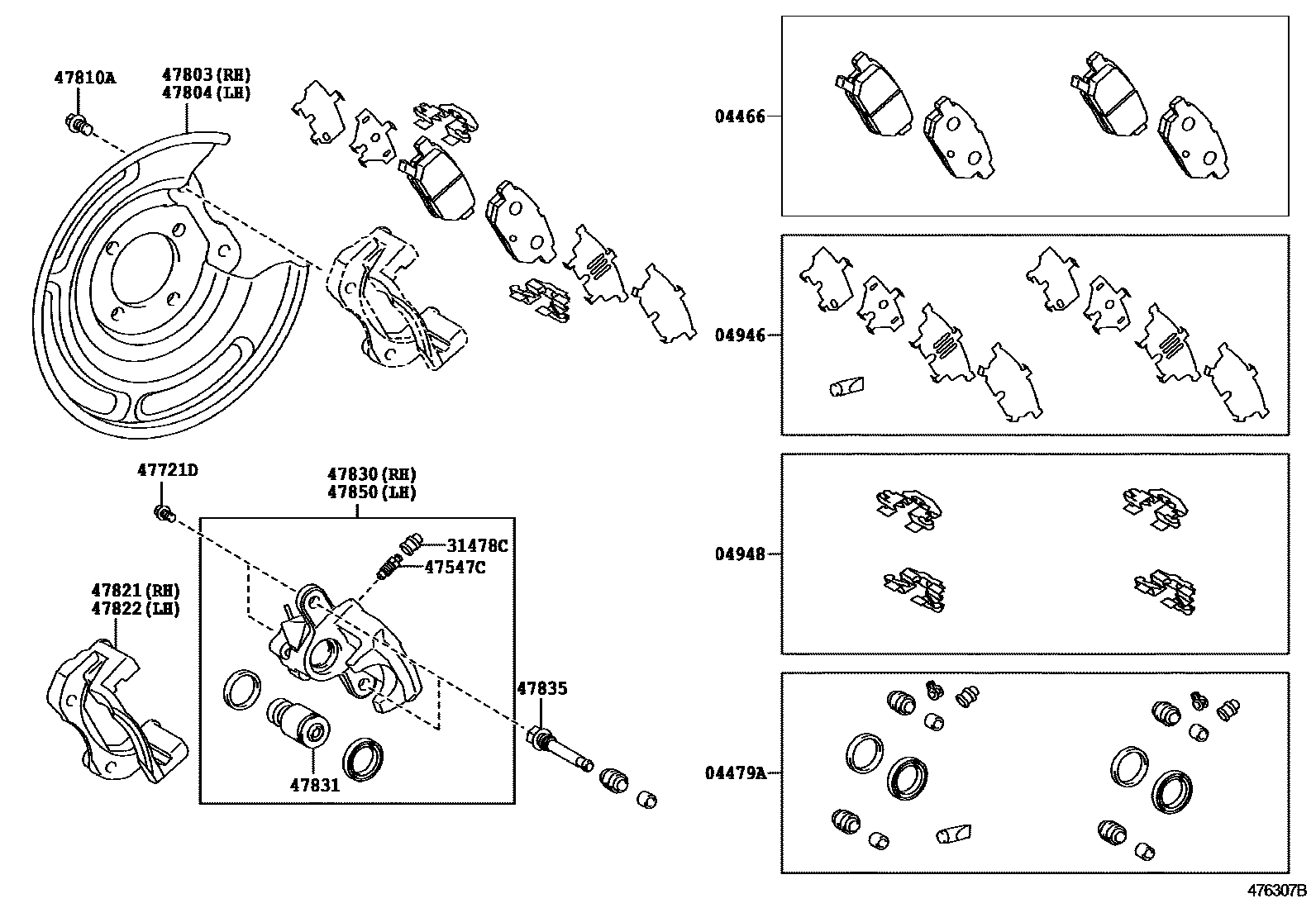 Toyota COROLLA 后盘式制动器卡钳和防尘罩 EPC diagram — 476307B