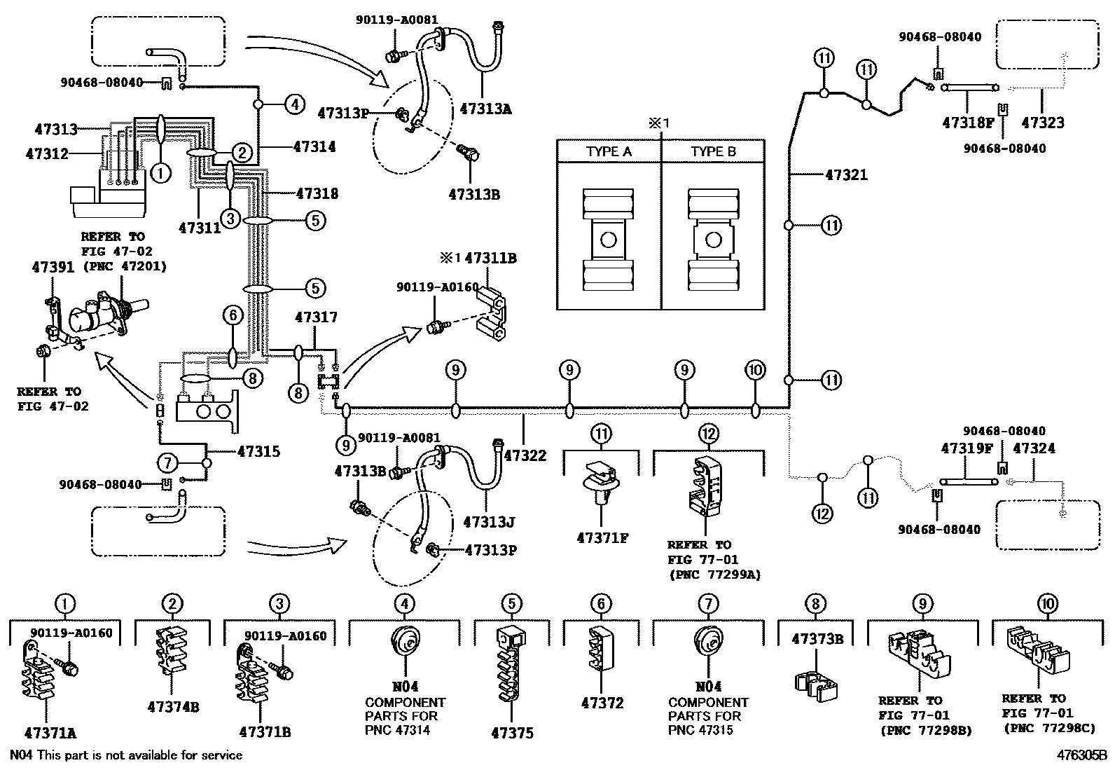 Toyota COROLLA 制动配管和卡箍 EPC diagram — 476305B