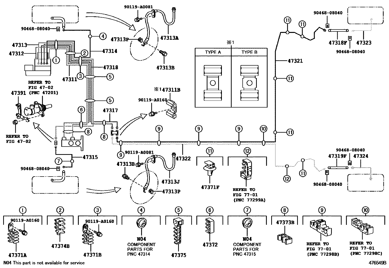 Toyota COROLLA 制动配管和卡箍 EPC diagram — 476549B