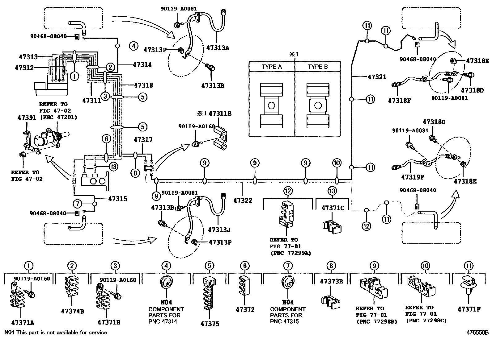 Toyota COROLLA 制动配管和卡箍 EPC diagram — 476550B