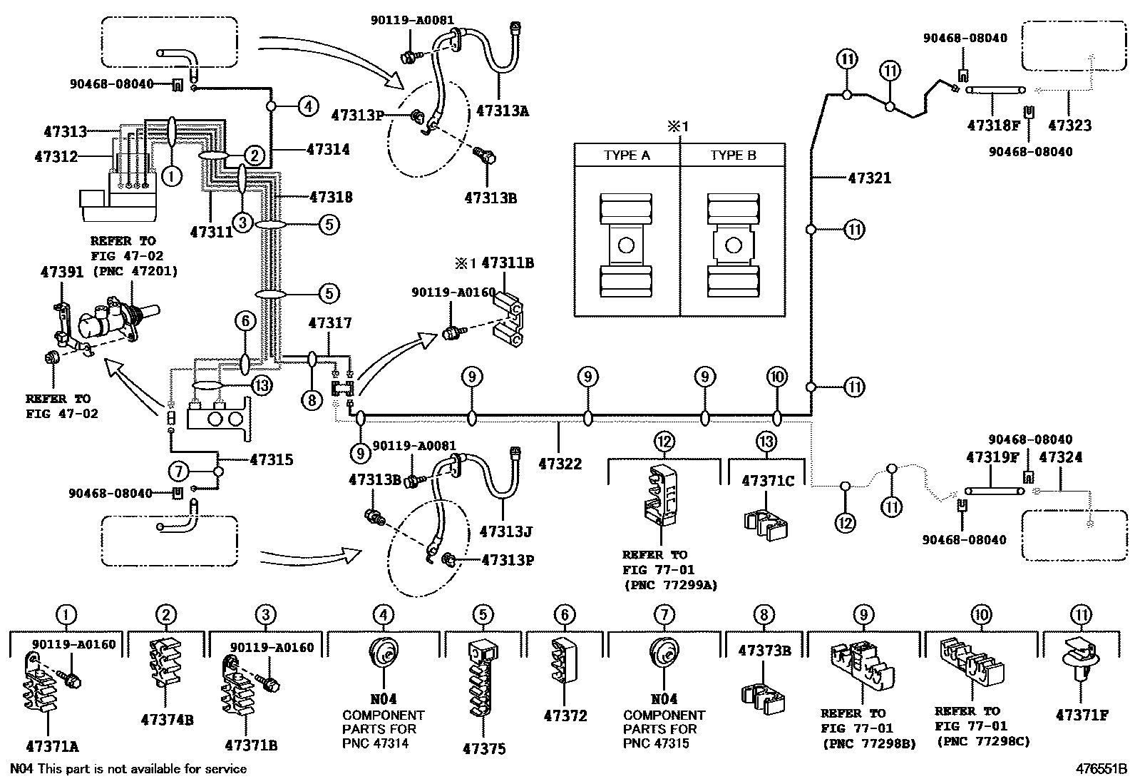 Toyota COROLLA 制动配管和卡箍 EPC diagram — 476551B