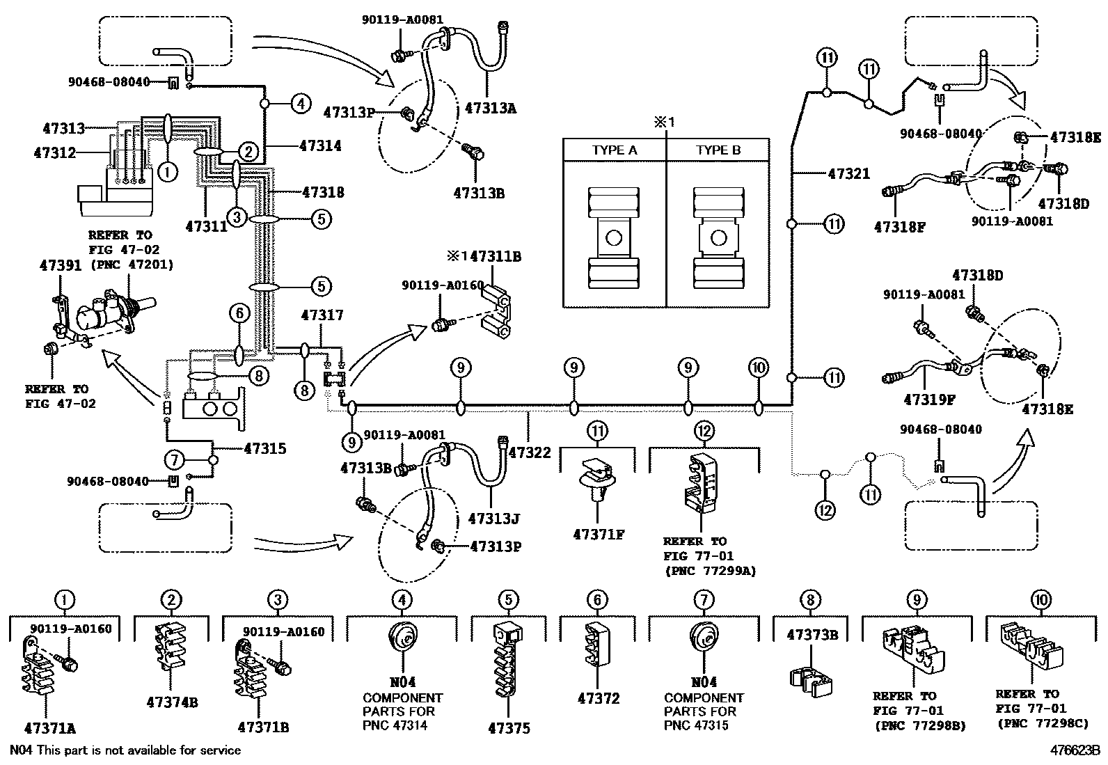 Toyota COROLLA 制动配管和卡箍 EPC diagram — 476623B