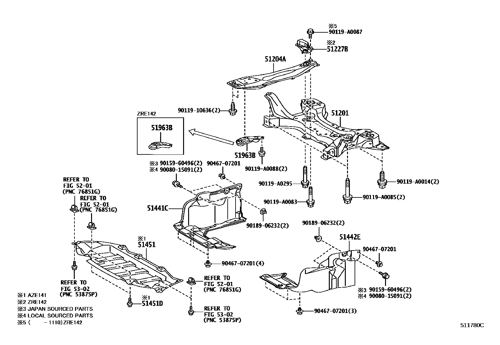 Toyota COROLLA 悬架横梁和发动机底罩 EPC diagram — 511780C
