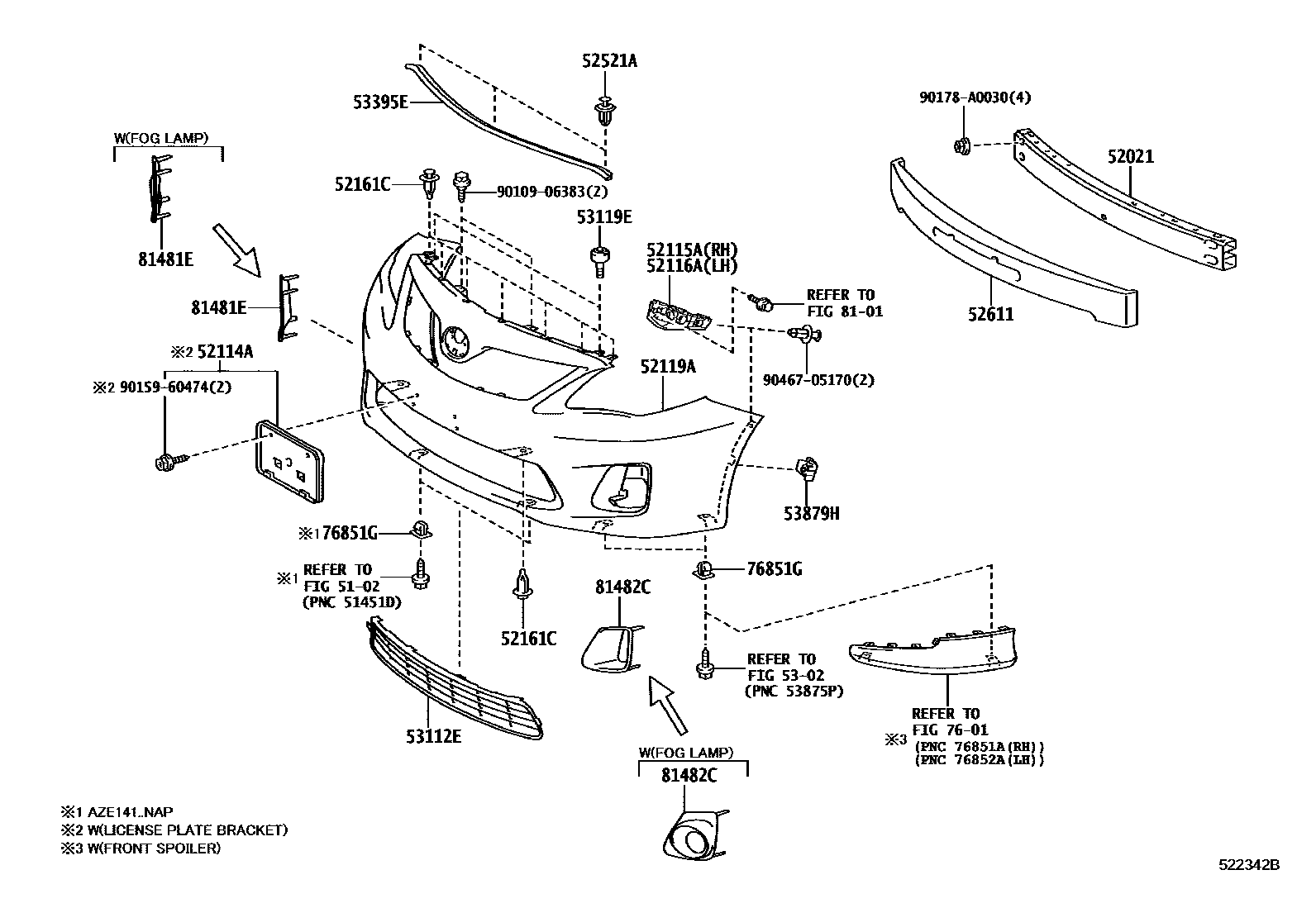 Toyota COROLLA 前保险杠及附件 EPC diagram — 522342B
