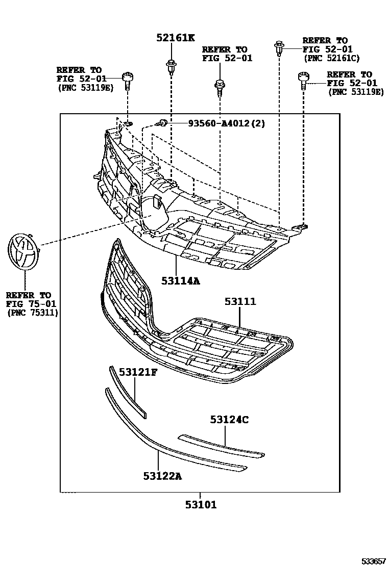 Toyota COROLLA radiator grille EPC diagram — 533657