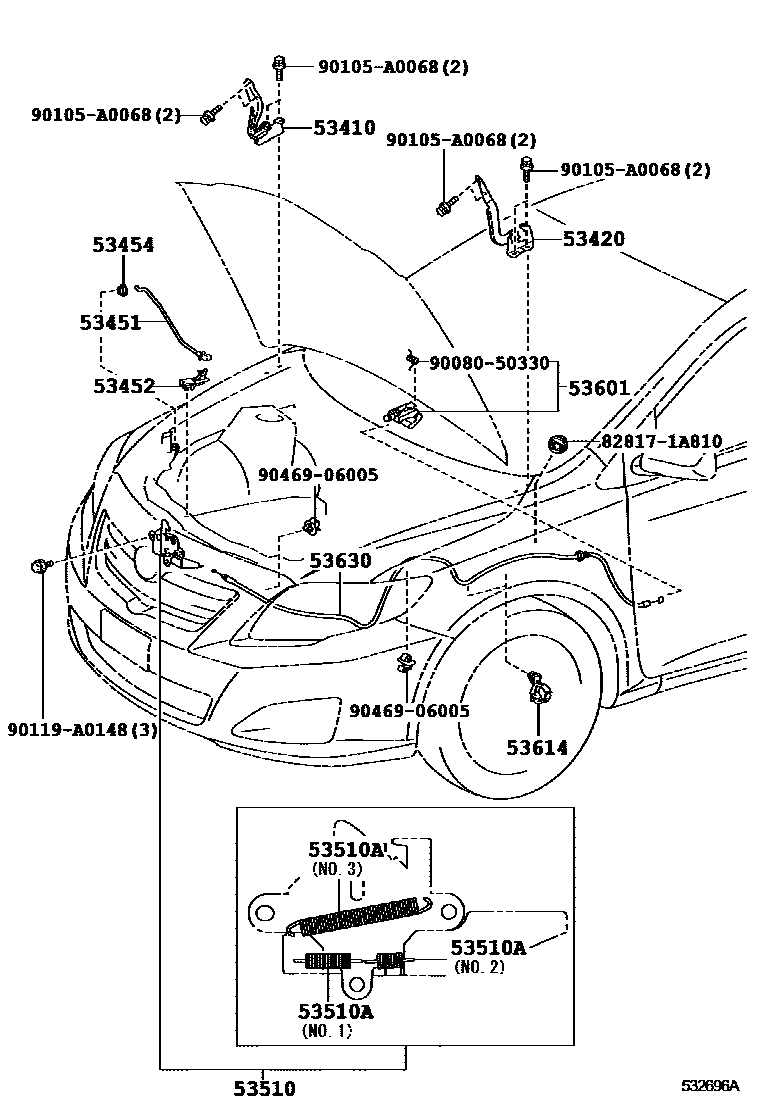Toyota COROLLA 发动机盖锁和铰链 EPC diagram — 532696A