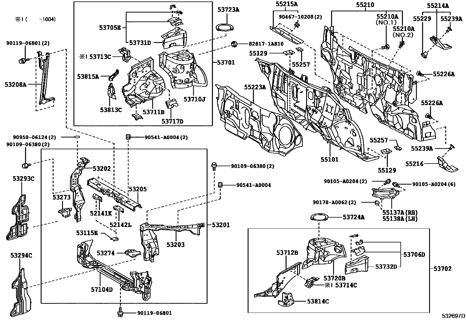 Toyota COROLLA 前翼子板挡泥板和前围板 EPC diagram — 532697D