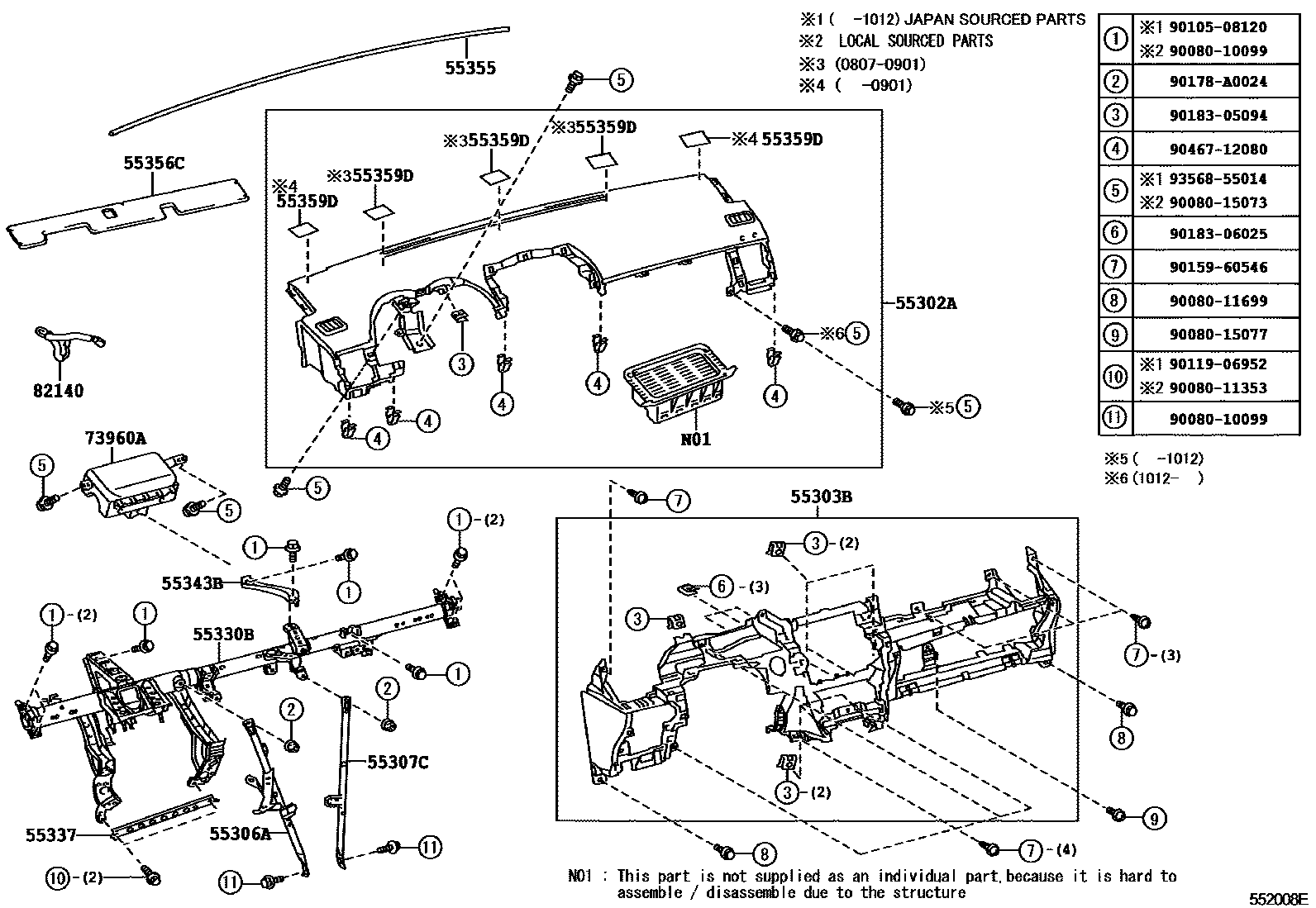 Toyota COROLLA 仪表板和手套箱 EPC diagram — 552008E