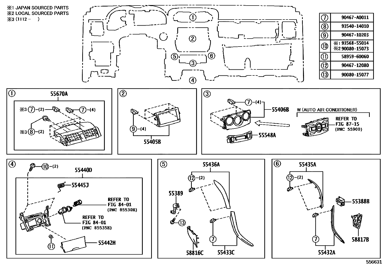 Toyota COROLLA 仪表板和手套箱 EPC diagram — 556631