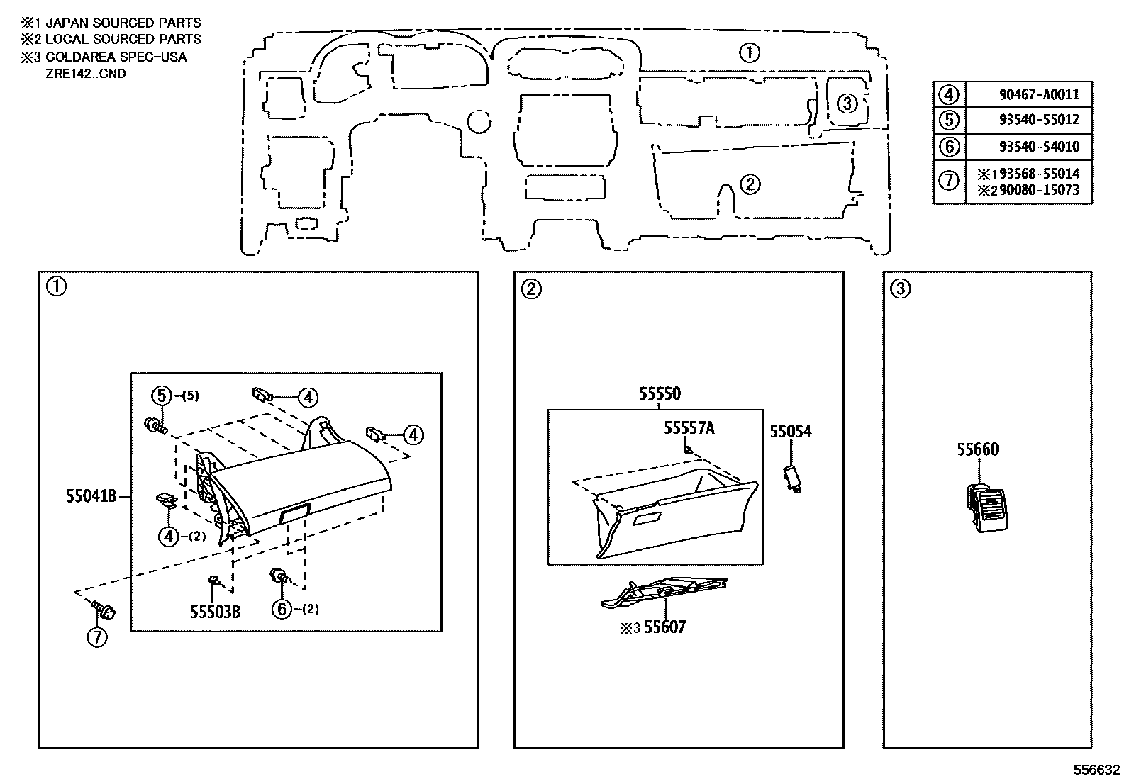 Toyota COROLLA 仪表板和手套箱 EPC diagram — 556632