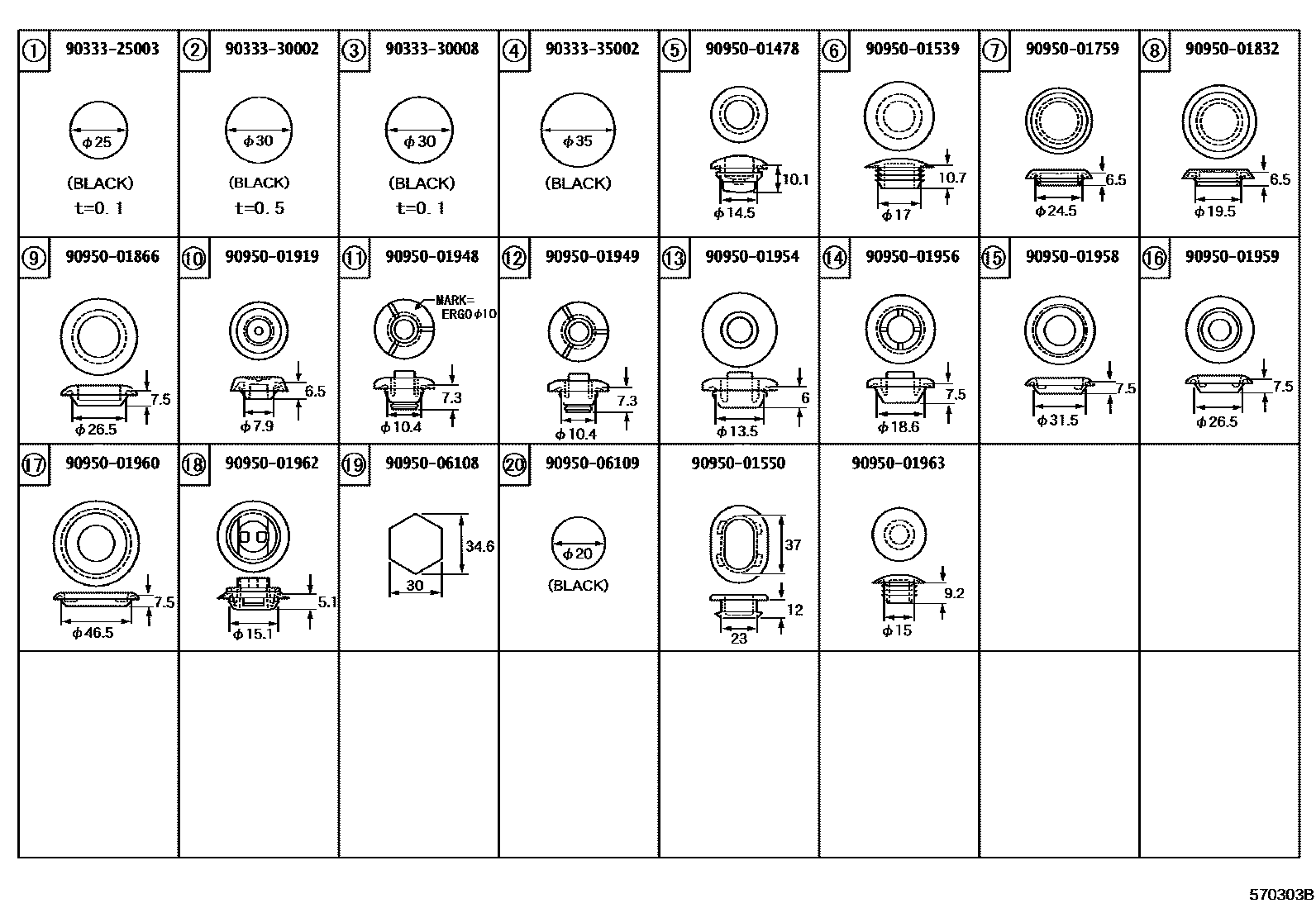 Toyota COROLLA hole plug EPC diagram — 570303B