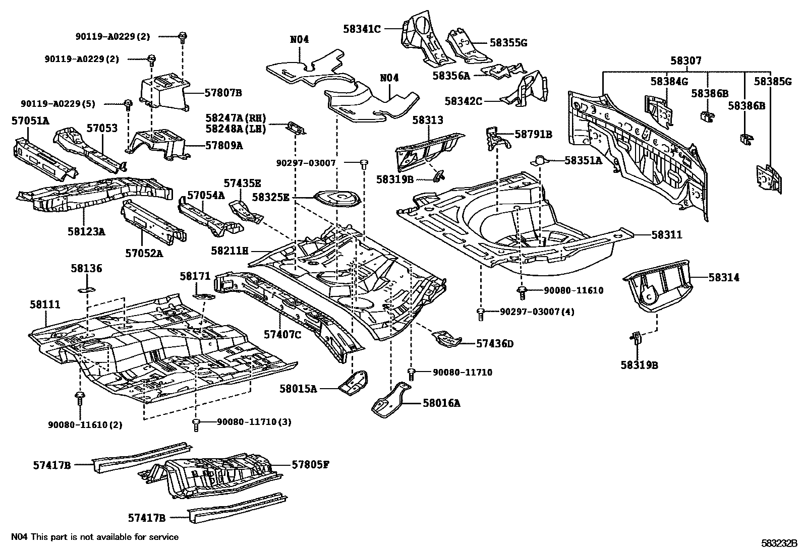 Toyota COROLLA 浅盘形地板和车身下背板 EPC diagram — 583232B