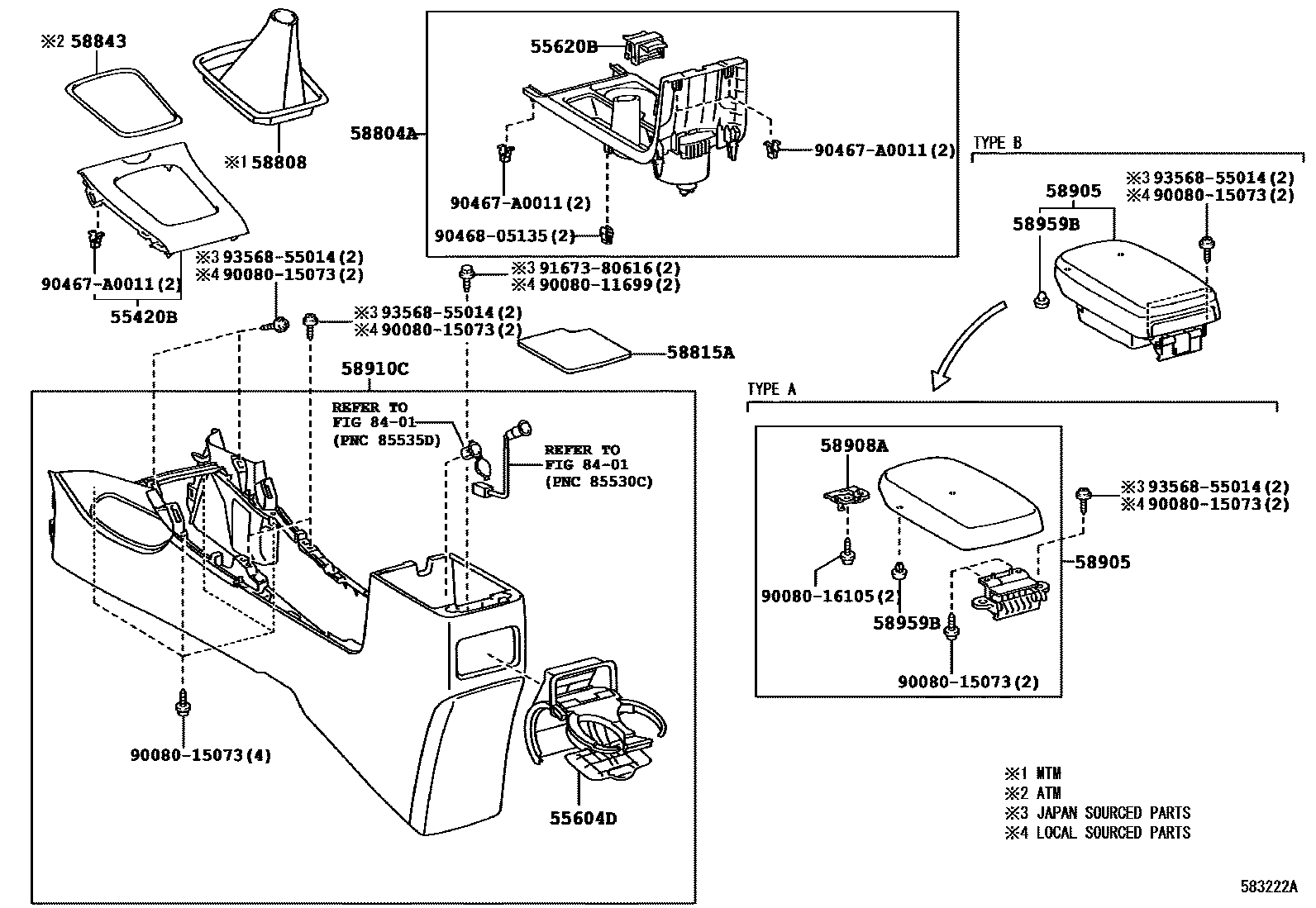 Toyota COROLLA 中央扶手箱和支架 EPC diagram — 583222A