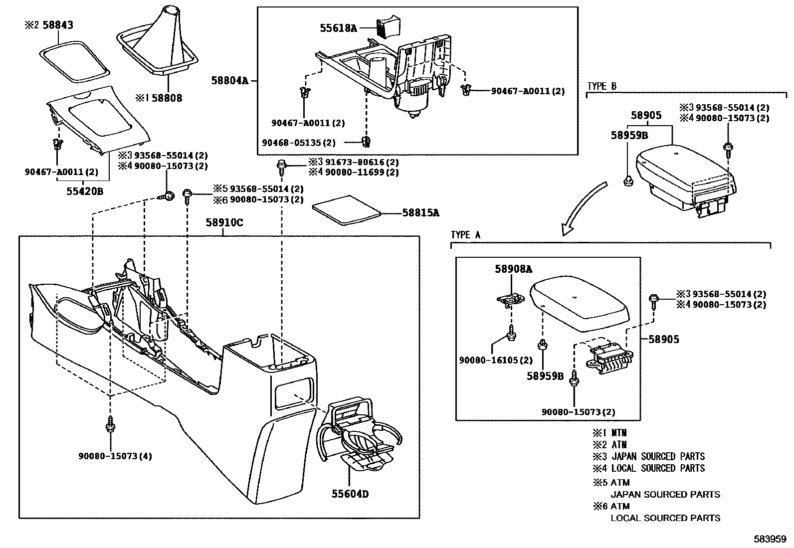 Toyota COROLLA 中央扶手箱和支架 EPC diagram — 583959