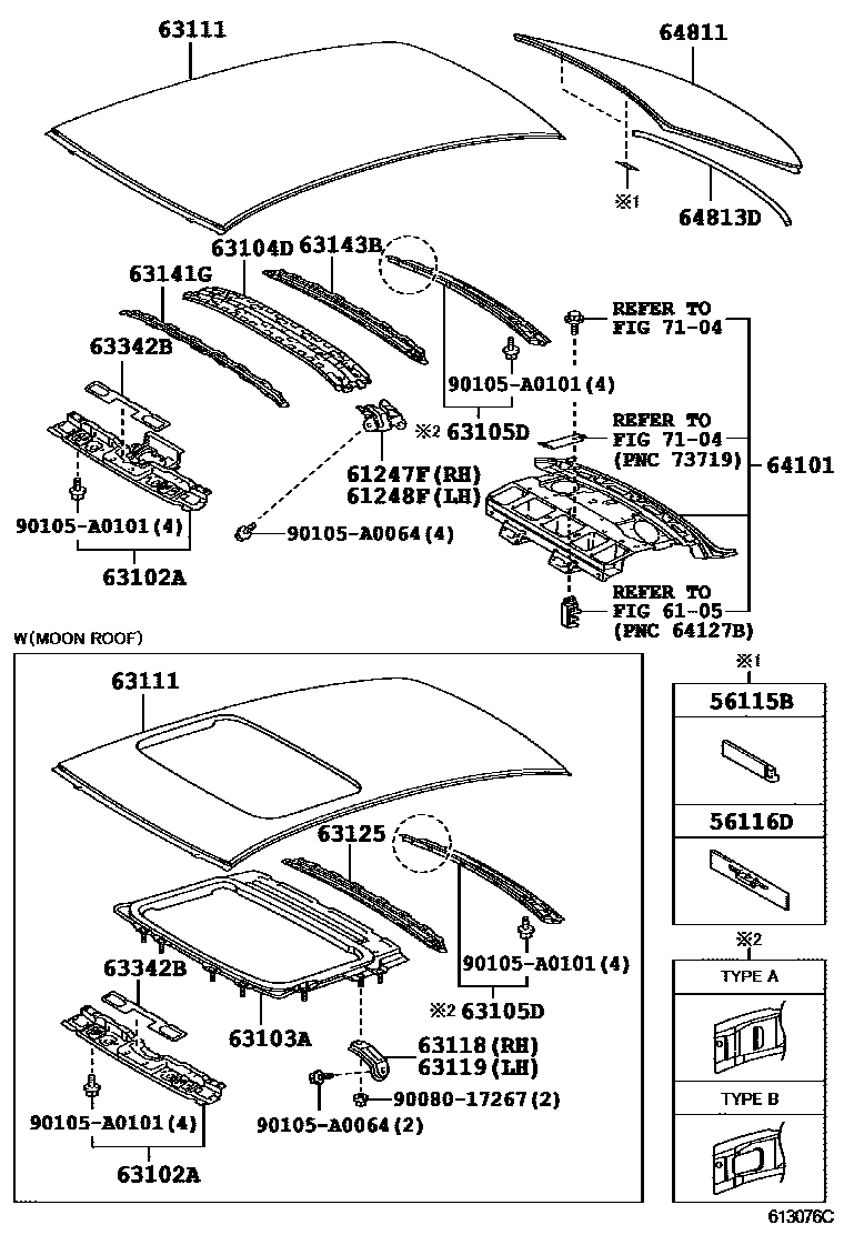 Toyota COROLLA 天窗板和背窗玻璃 EPC diagram — 613076C