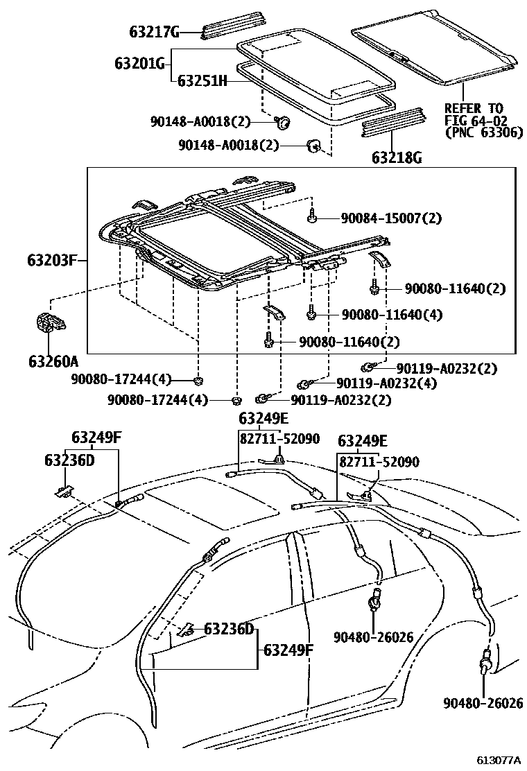Toyota COROLLA 天窗板和背窗玻璃 EPC diagram — 613077A