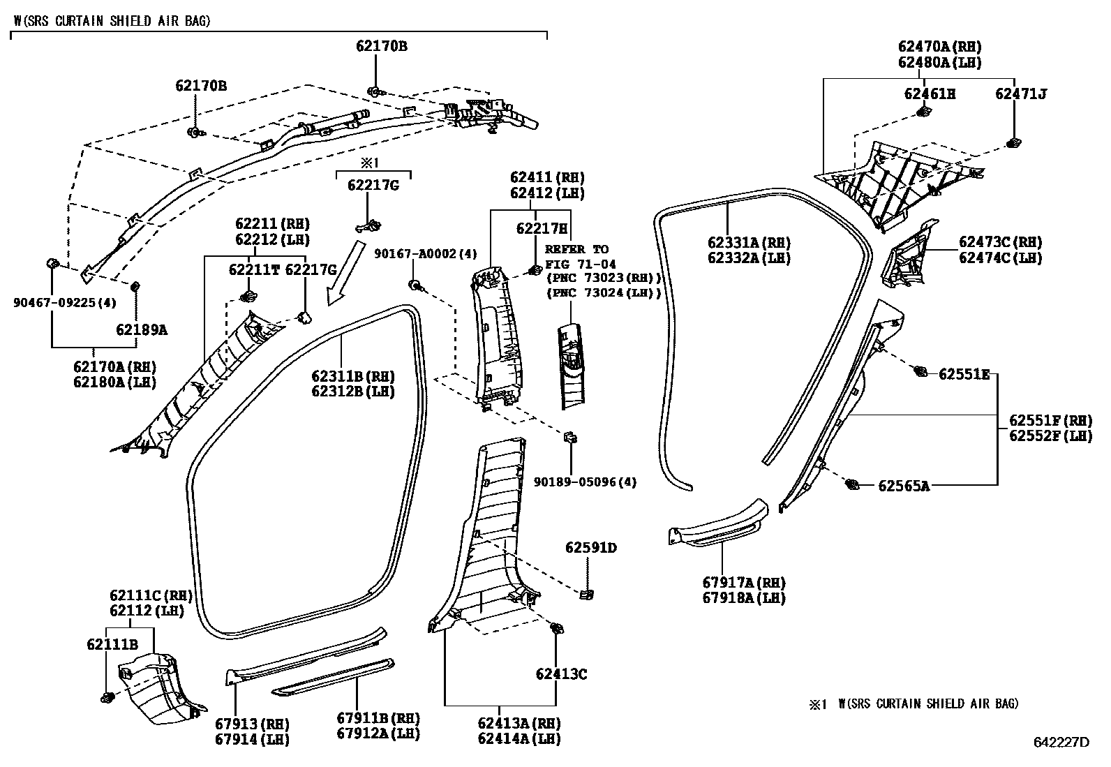 Toyota COROLLA 内饰板和车门防水胶条 EPC diagram — 642227D