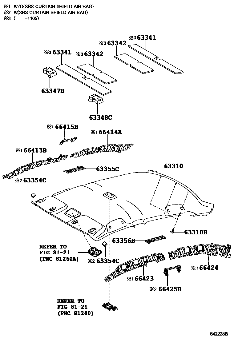 Toyota COROLLA 车顶内衬和消声垫 EPC diagram — 642228B