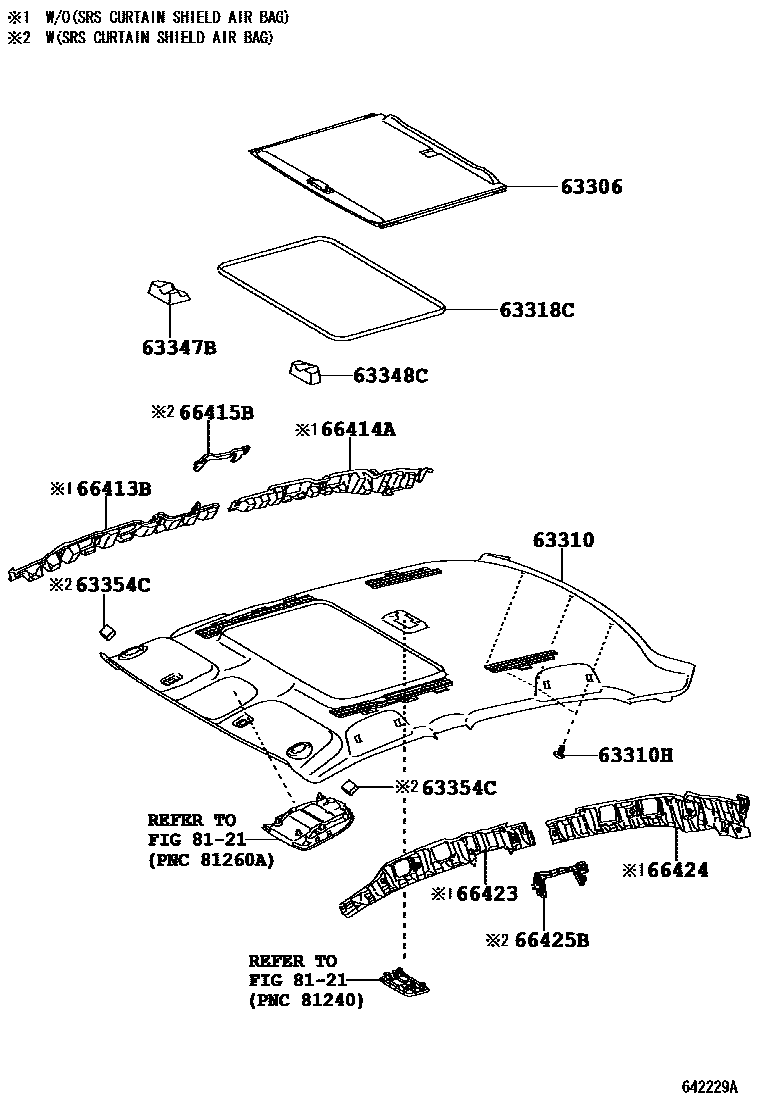Toyota COROLLA 车顶内衬和消声垫 EPC diagram — 642229A