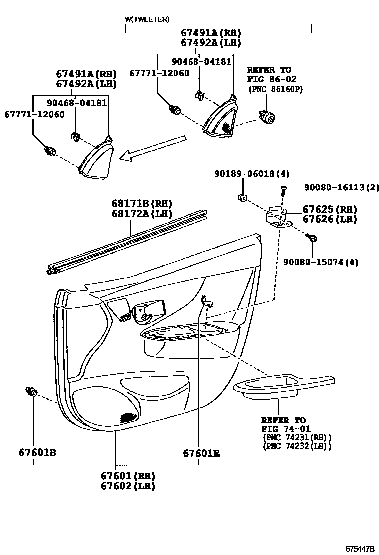 Toyota COROLLA 前门板和前门玻璃 EPC diagram — 675447B
