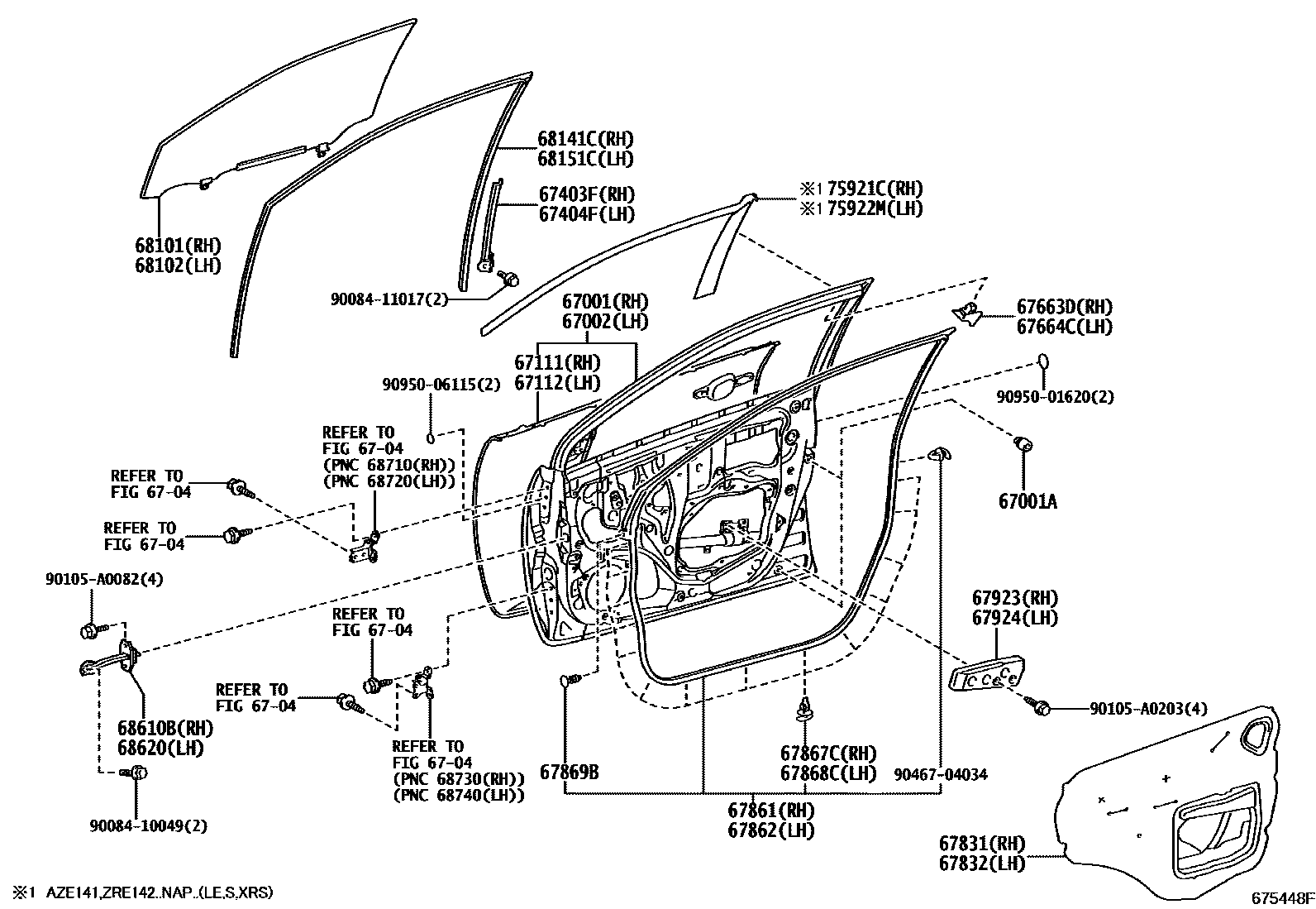 Toyota COROLLA 前门板和前门玻璃 EPC diagram — 675448F