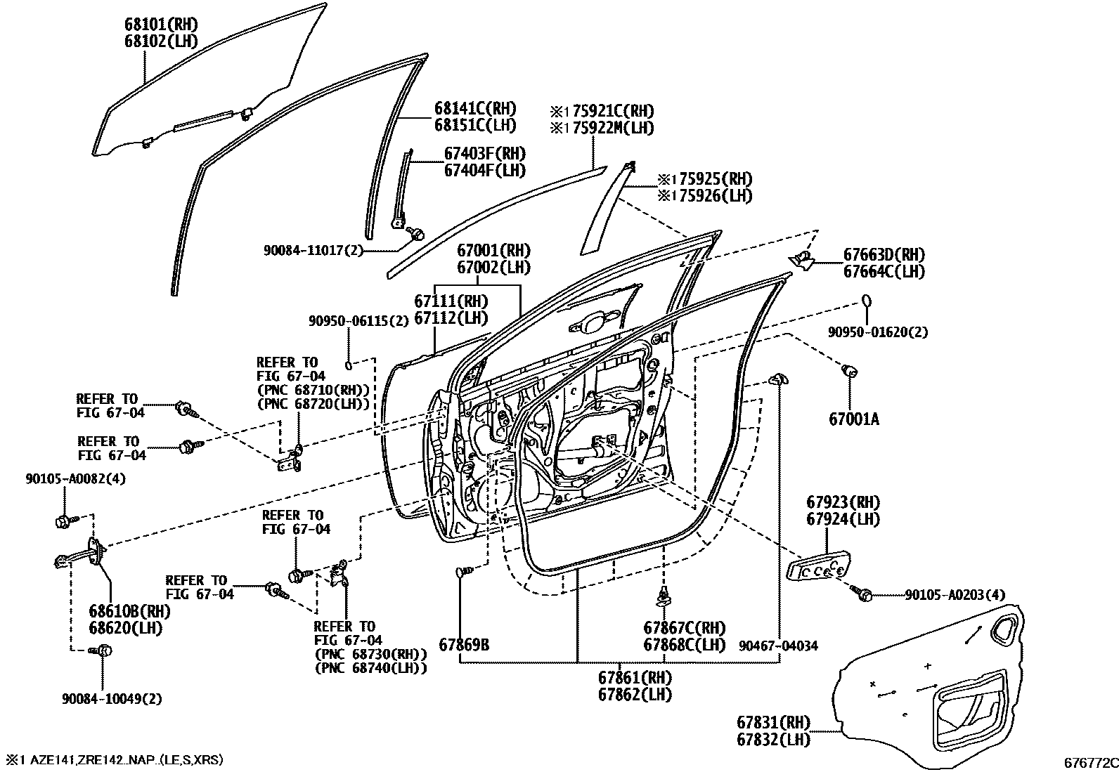 Toyota COROLLA 前门板和前门玻璃 EPC diagram — 676772C