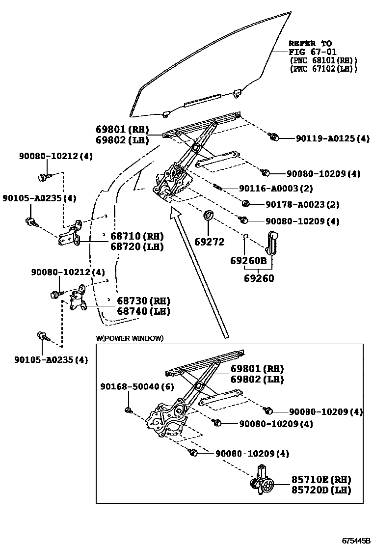 Toyota COROLLA 前门车窗升降器和合页 EPC diagram — 675445B