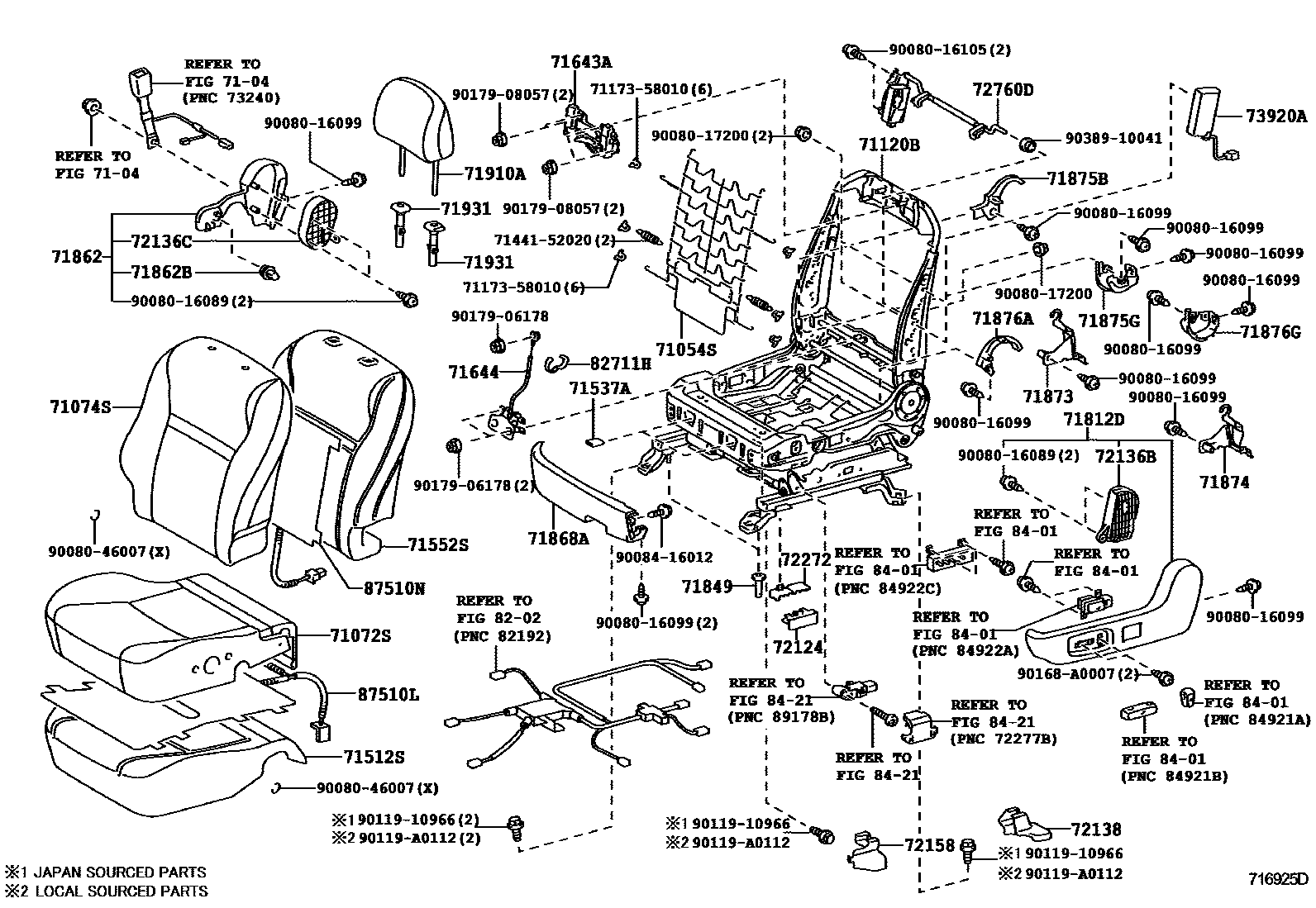 Toyota COROLLA 前排座椅和座椅滑轨 EPC diagram — 716925D