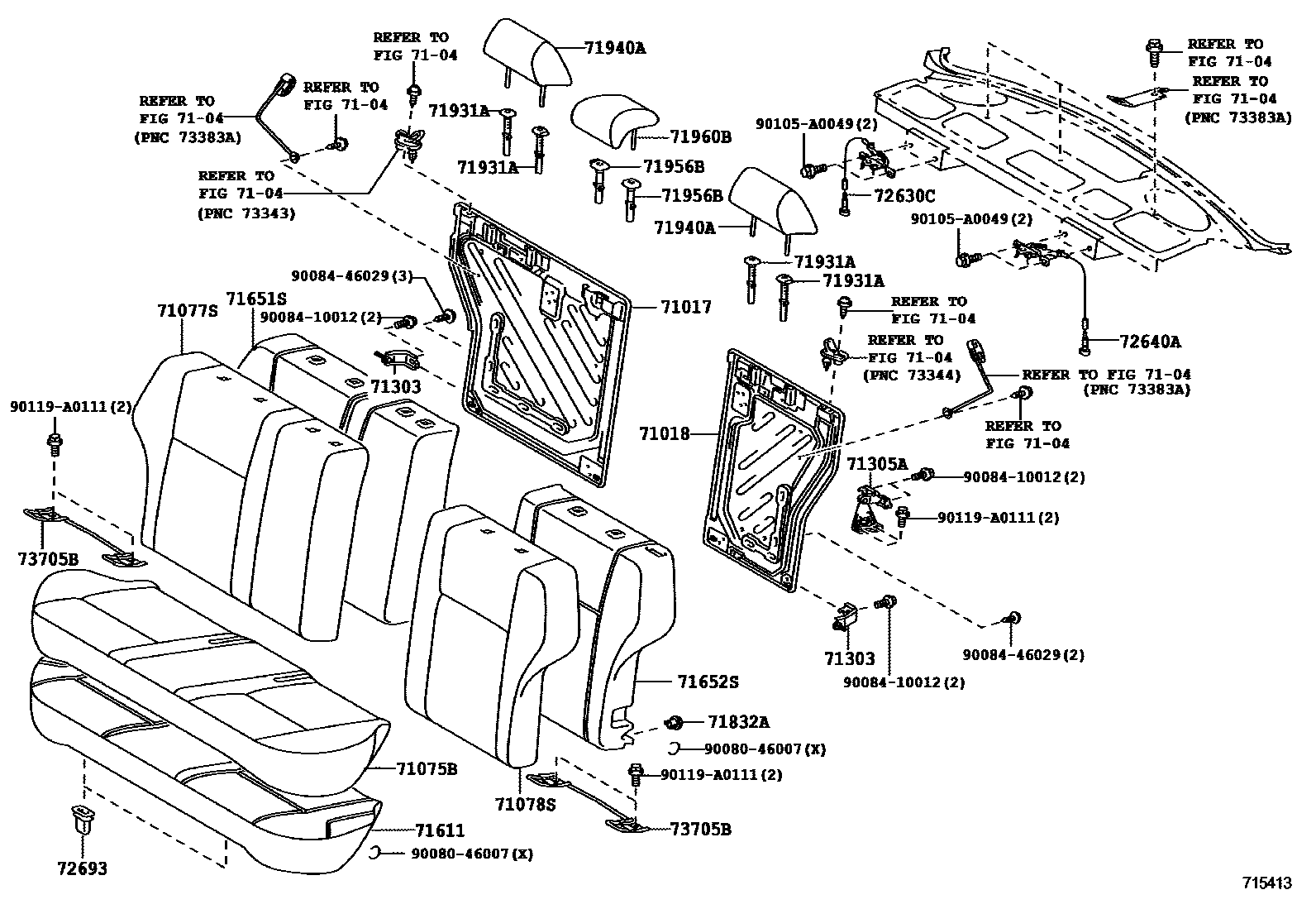 Toyota COROLLA 后排座椅和座椅滑轨 EPC diagram — 715413
