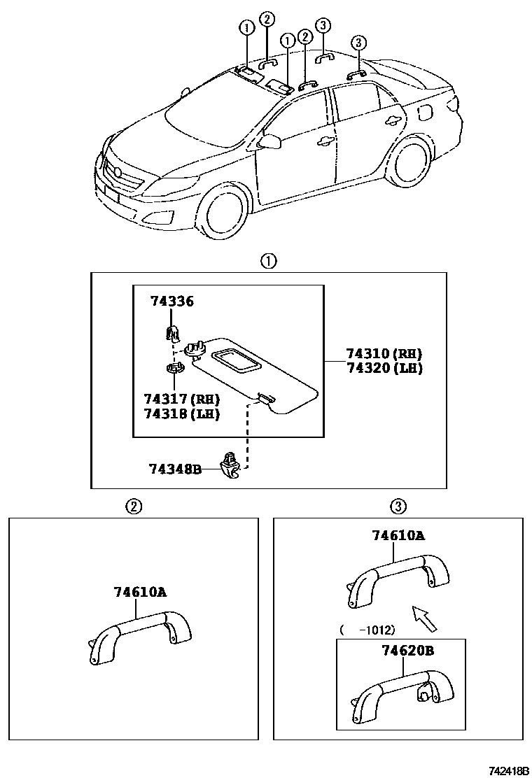 Toyota COROLLA 扶手和遮阳板 EPC diagram — 742418B