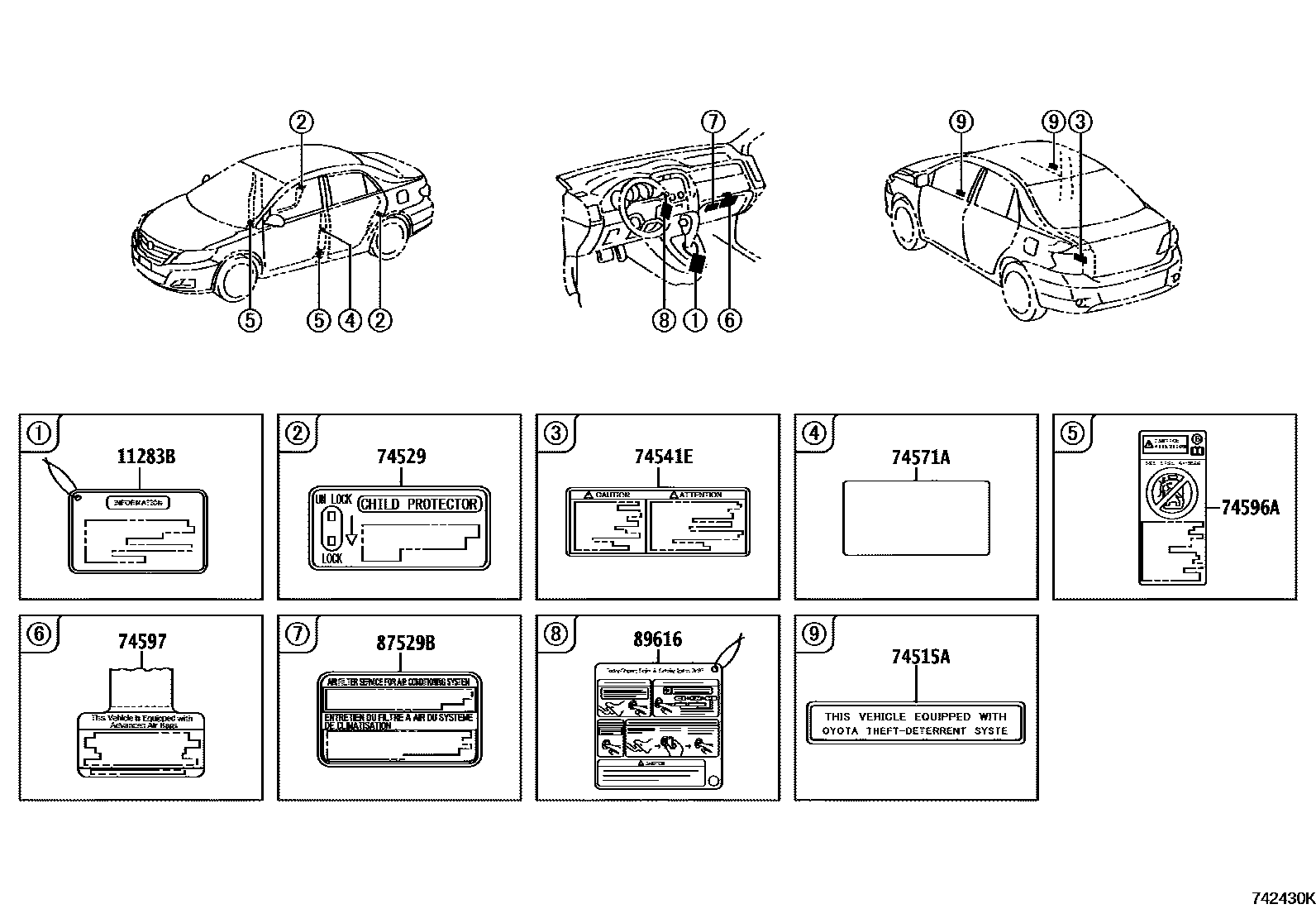 Toyota COROLLA 警示铭牌(车外和车内) EPC diagram — 742430K