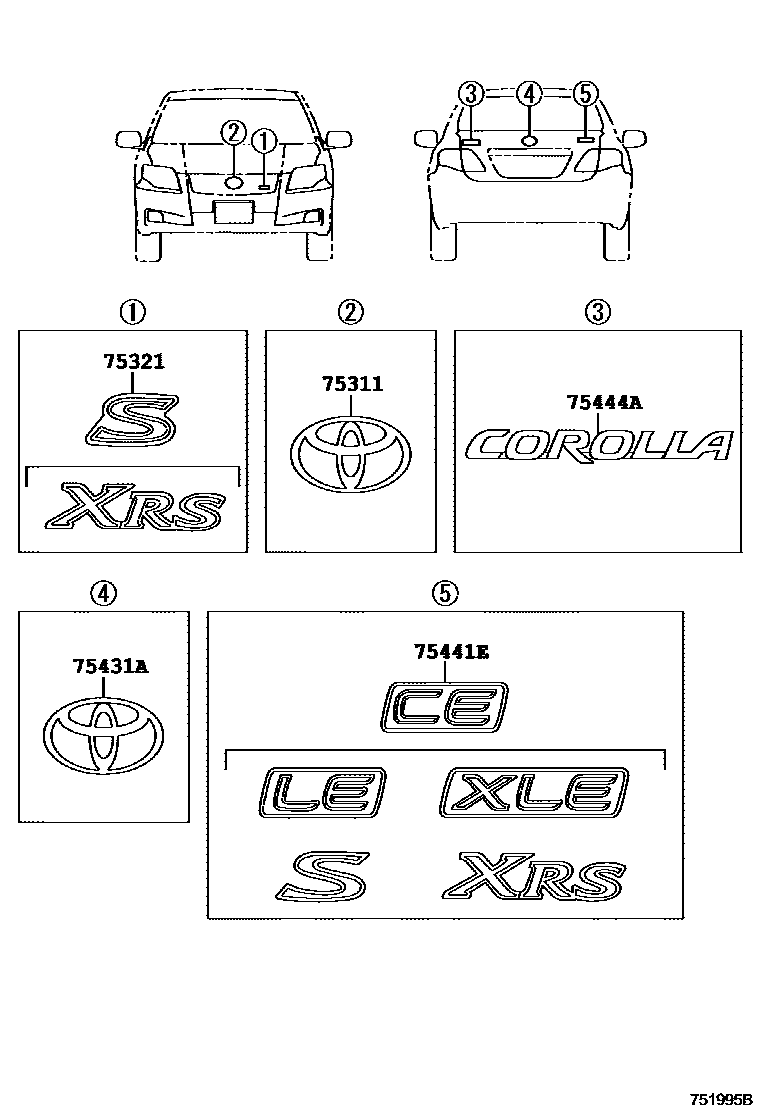 Toyota COROLLA 丰田徽标和铭牌(车外和车内) EPC diagram — 751995B