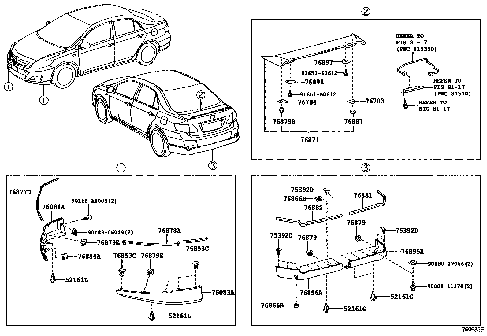Toyota COROLLA 挡泥板和扰流板 EPC diagram — 760632E