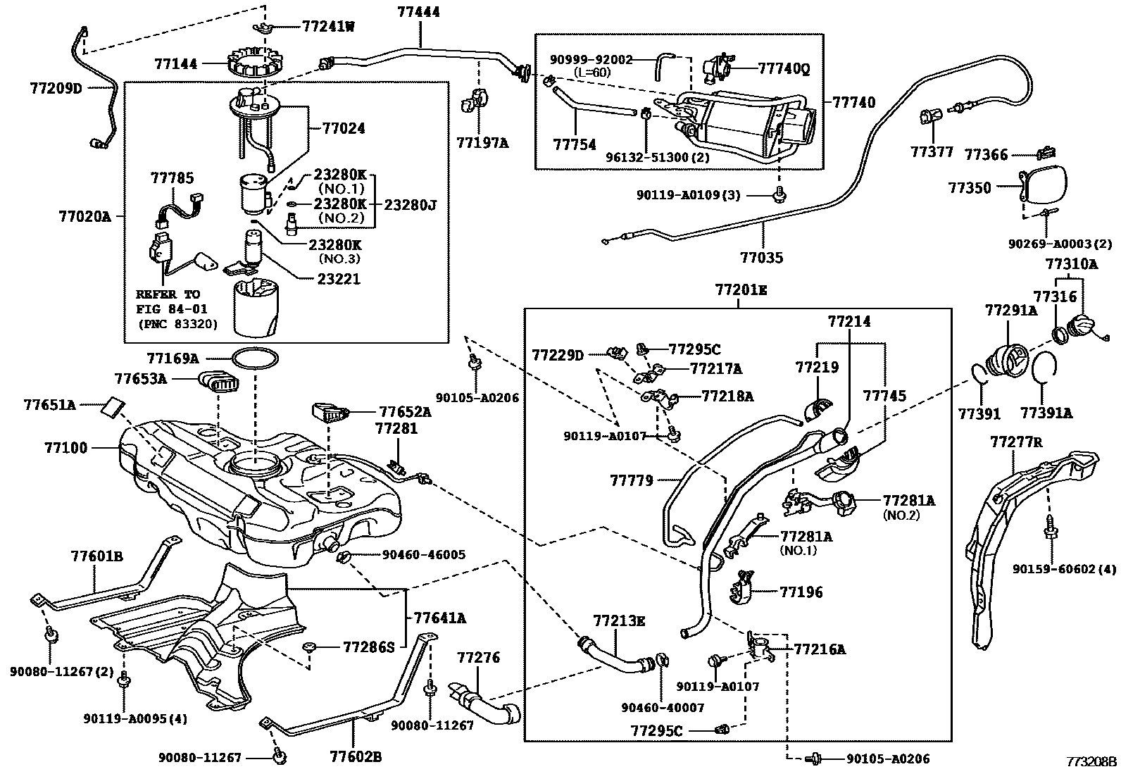 Toyota COROLLA 燃油箱和燃油管 EPC diagram — 773208B