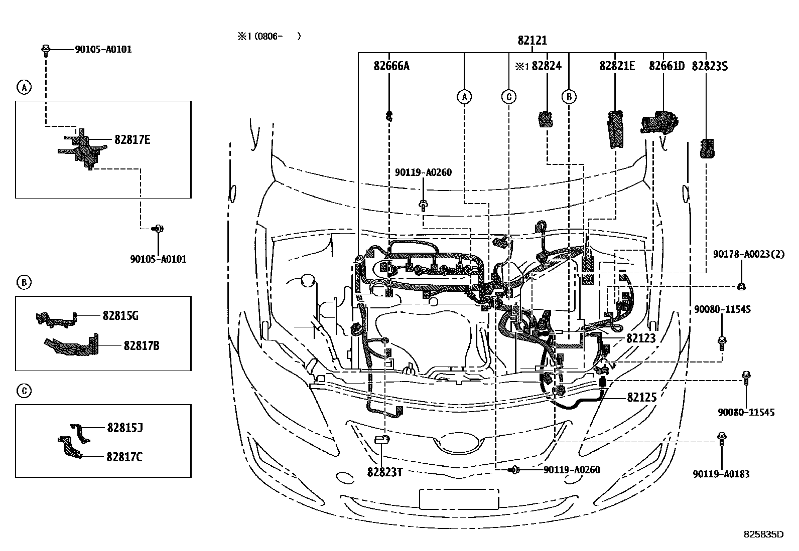 Toyota COROLLA 线束和卡夹 EPC diagram — 825835D