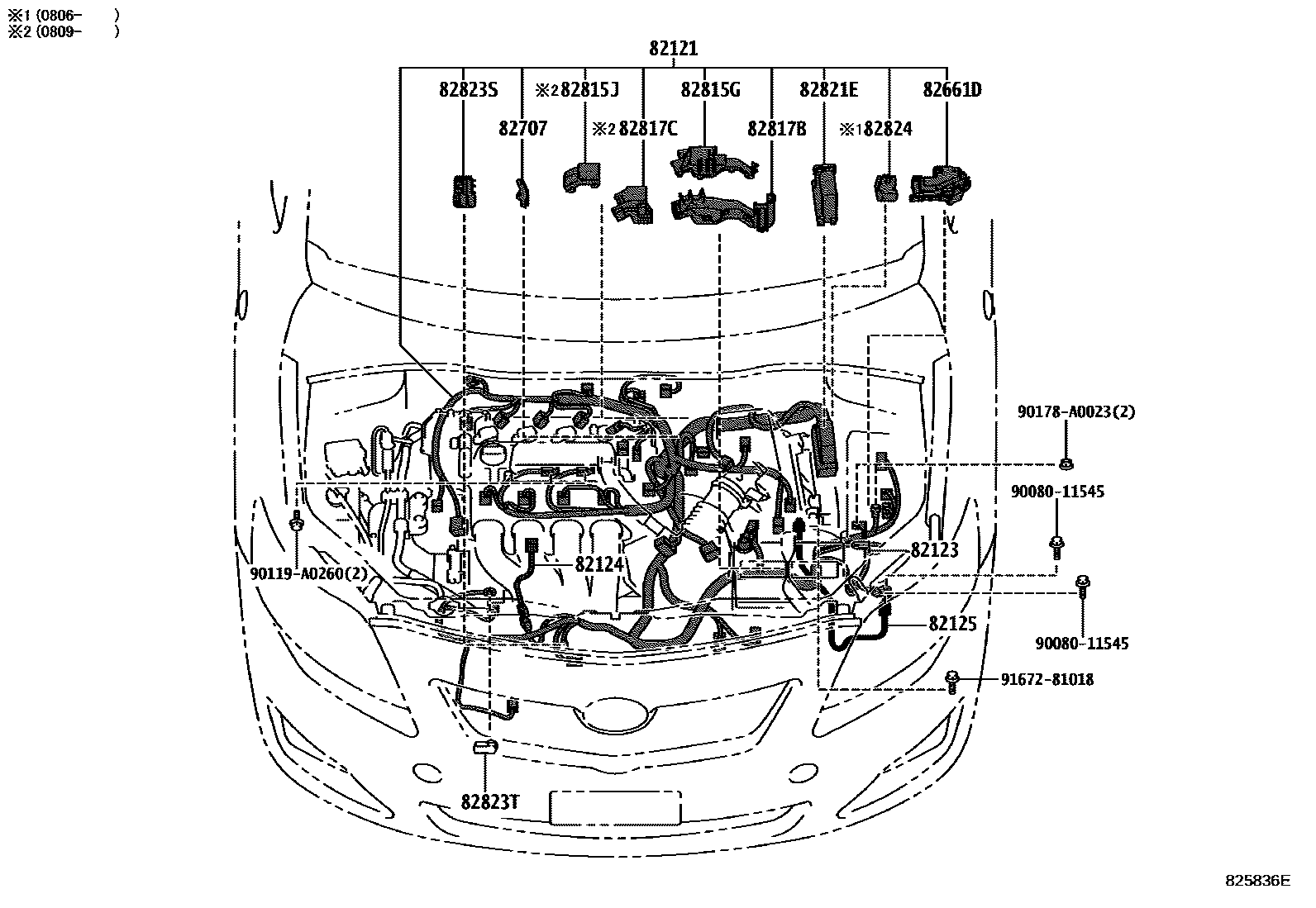 Toyota COROLLA 线束和卡夹 EPC diagram — 825836E