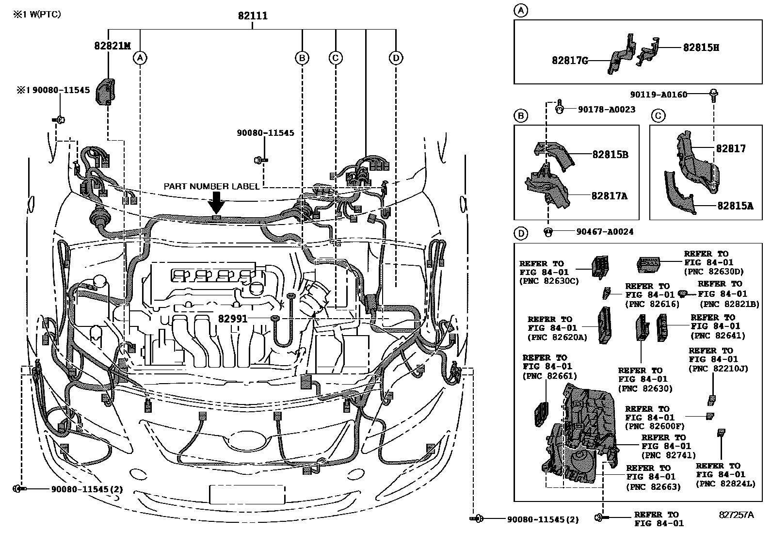 Toyota COROLLA 线束和卡夹 EPC diagram — 827257A