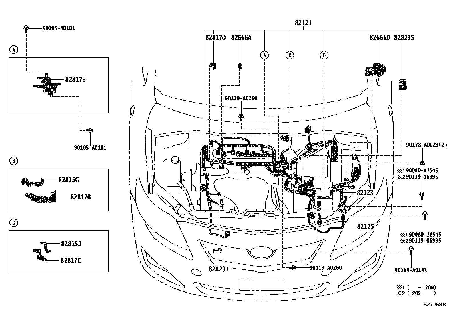 Toyota COROLLA 线束和卡夹 EPC diagram — 827258B