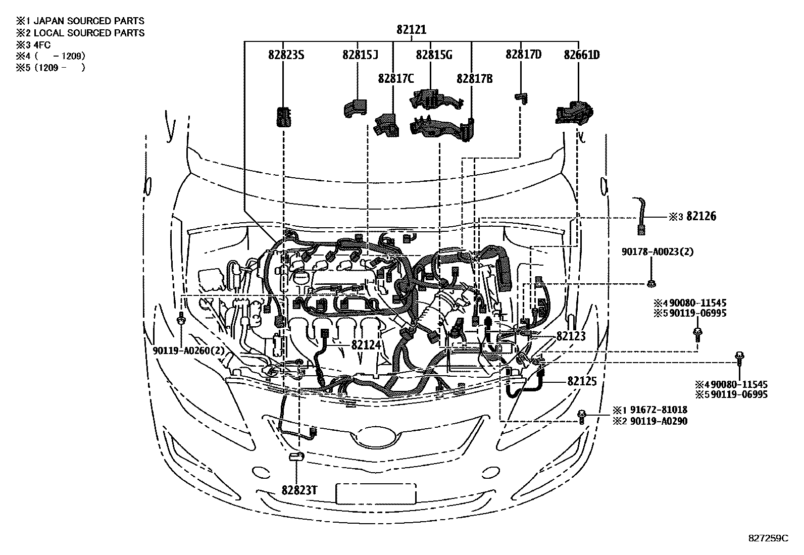 Toyota COROLLA 线束和卡夹 EPC diagram — 827259C
