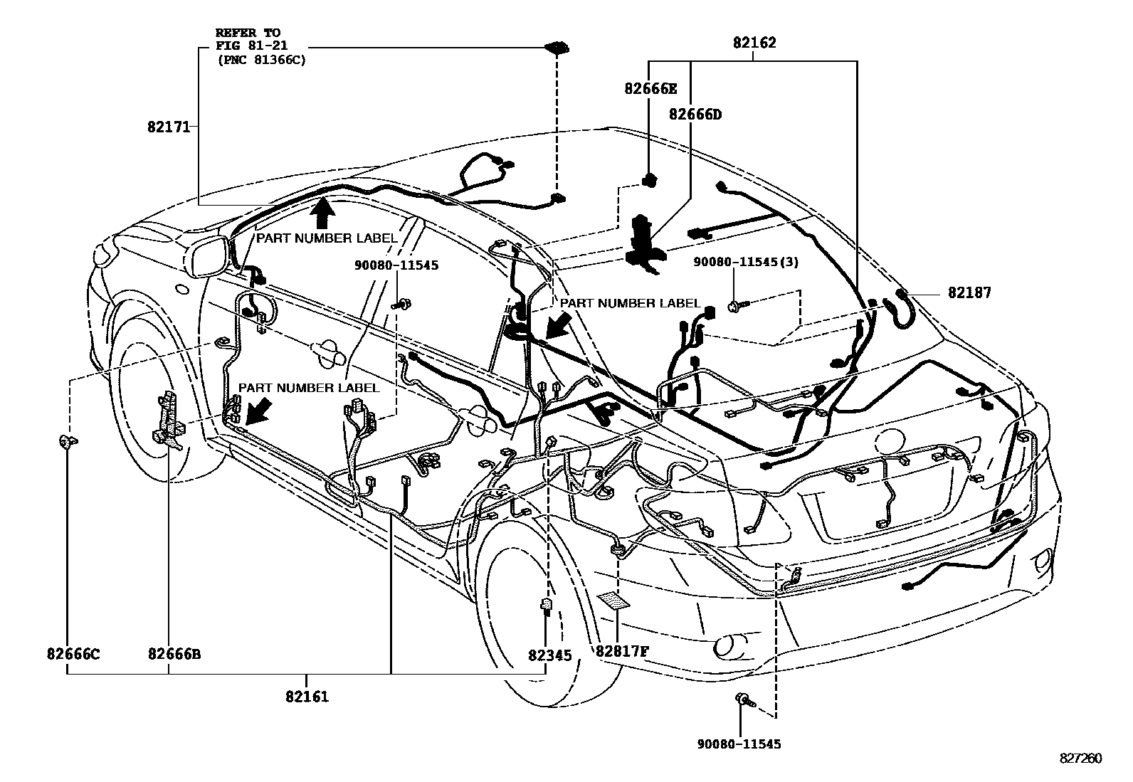 Toyota COROLLA 线束和卡夹 EPC diagram — 827260