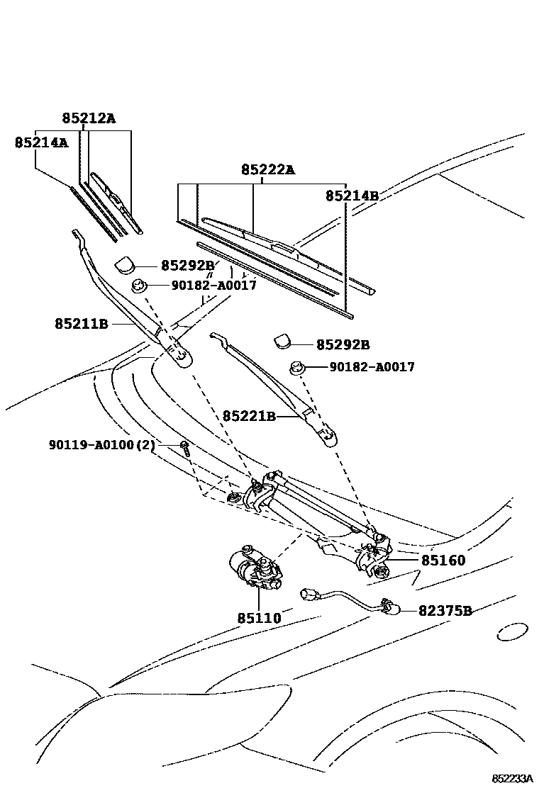 Toyota COROLLA 挡风玻璃刮水器 EPC diagram — 852233A
