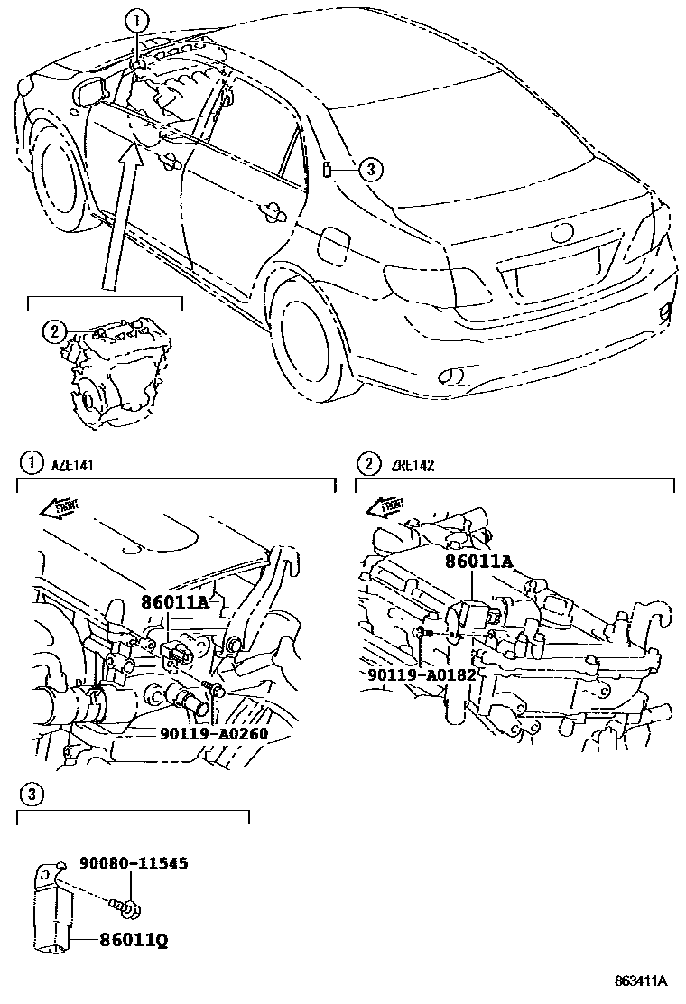 Toyota COROLLA 收音机、放大器和冷凝器 EPC diagram — 863411A