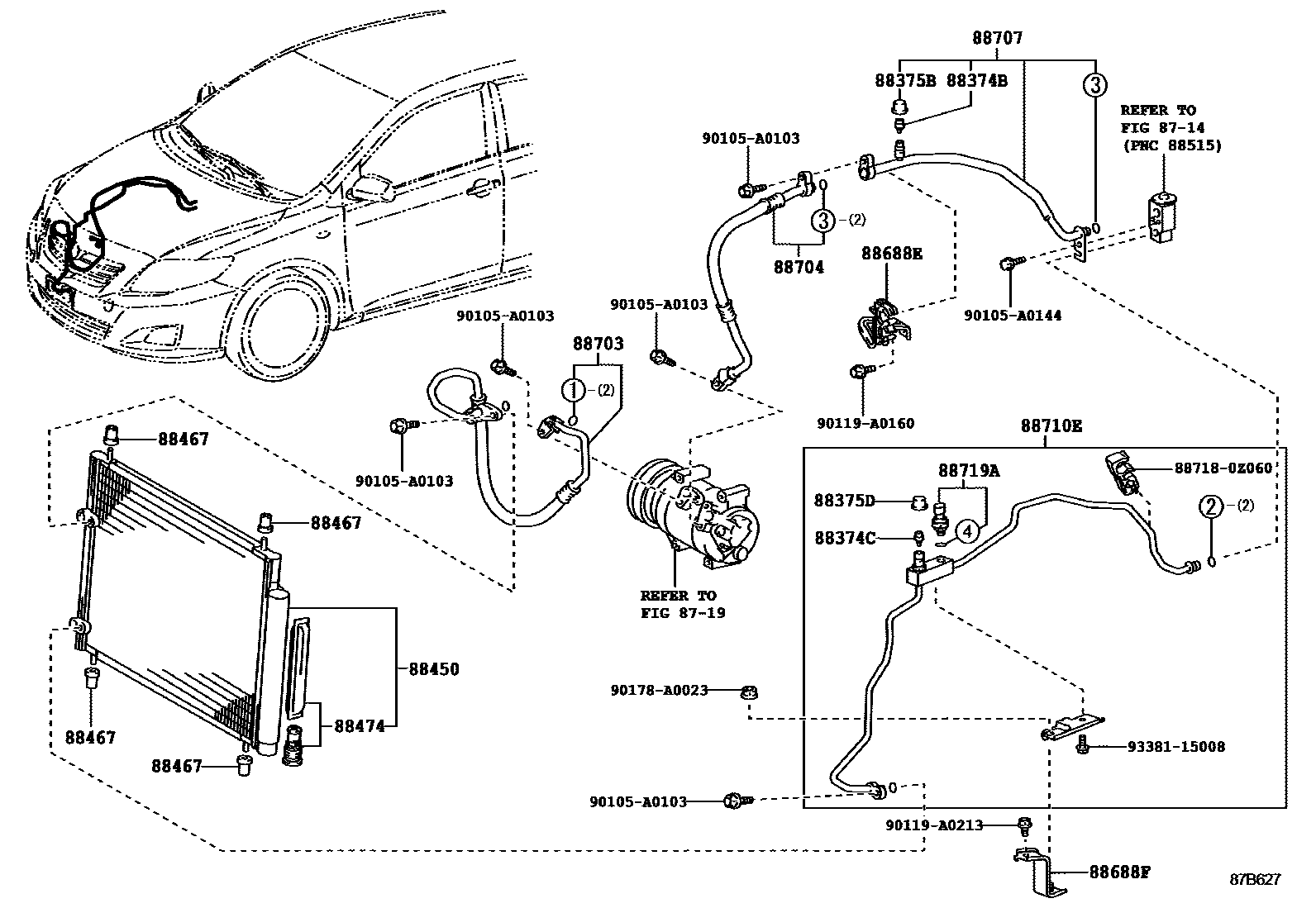 Toyota COROLLA Heating & Air Conditioning - Cooler Piping EPC diagram — 87B627